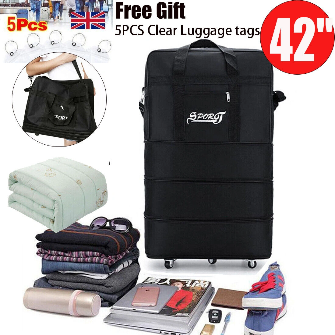 42 Inch Extra Large Lightweight Luggage Trolley Suitcase with Wheels, Travel Bag & Handbag for UK Flights