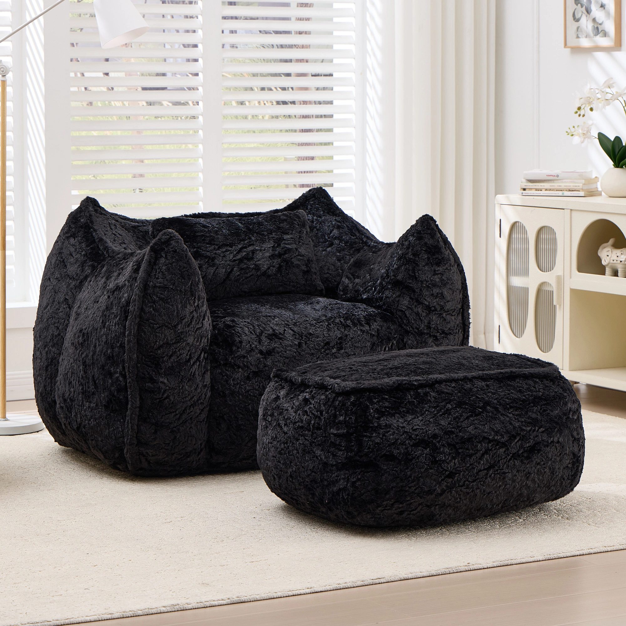 Giant Bean Bag Chair for Adults &Kids Faux Fur Bean Bag Sofa Chairs with Pillow &Ottoman, Comfy Reading & Gaming Beanbag Couch for Bedroom Living Room, Black