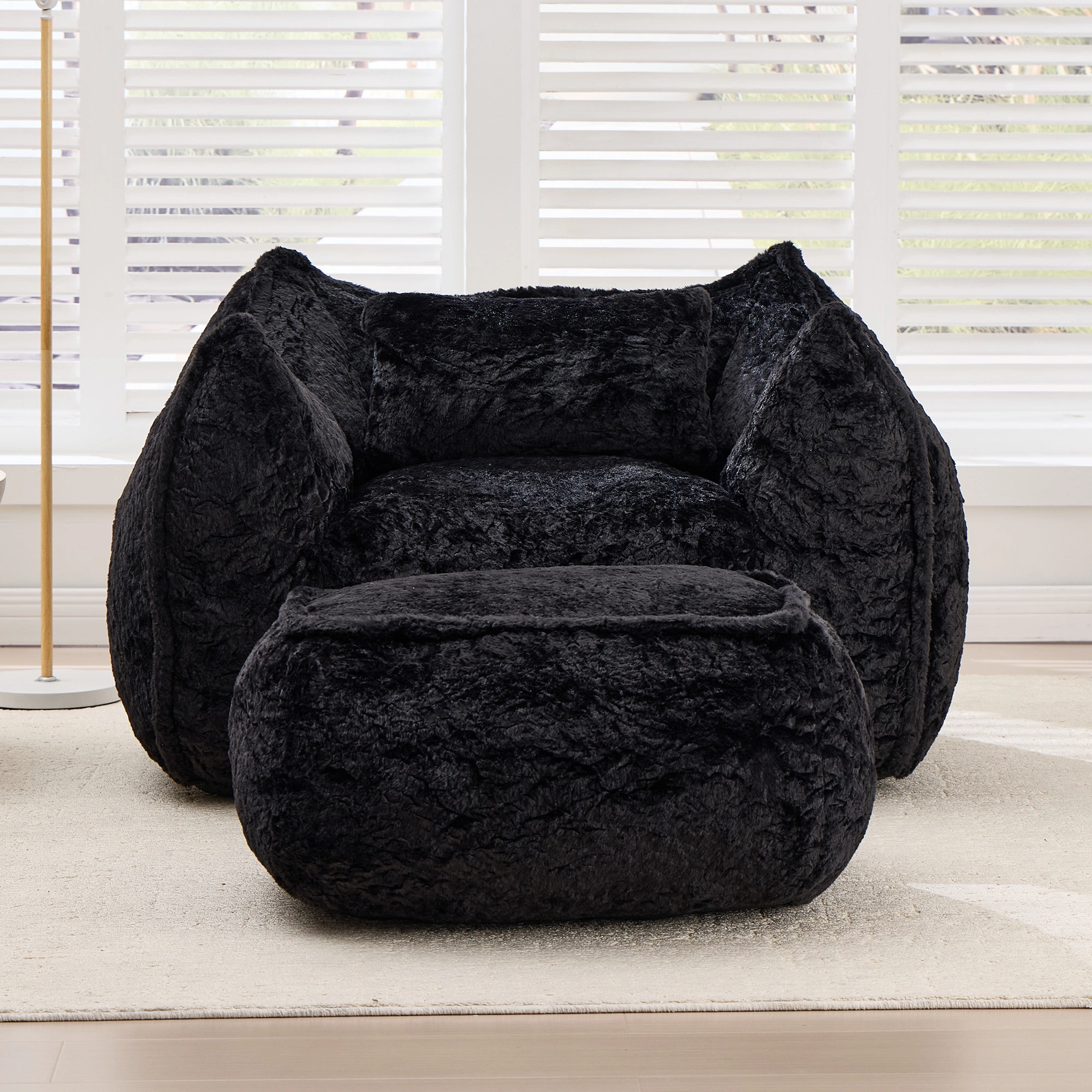 Giant Bean Bag Chair for Adults &Kids Faux Fur Bean Bag Sofa Chairs with Pillow &Ottoman, Comfy Reading & Gaming Beanbag Couch for Bedroom Living Room, Black view 2