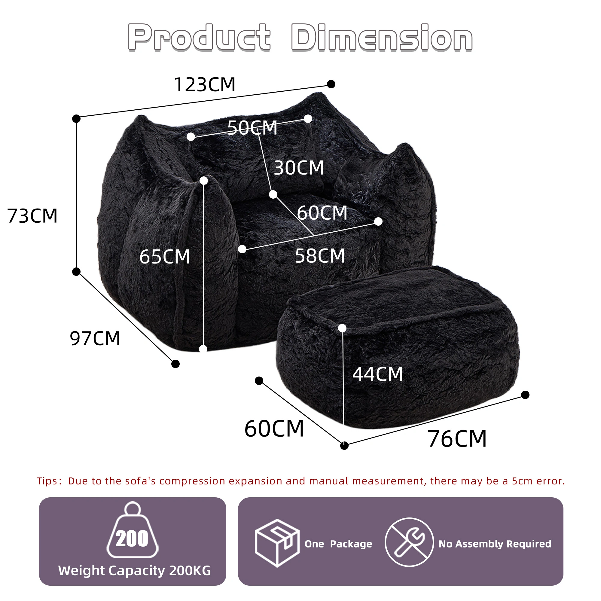Giant Bean Bag Chair for Adults &Kids Faux Fur Bean Bag Sofa Chairs with Pillow &Ottoman, Comfy Reading & Gaming Beanbag Couch for Bedroom Living Room, Black view 3