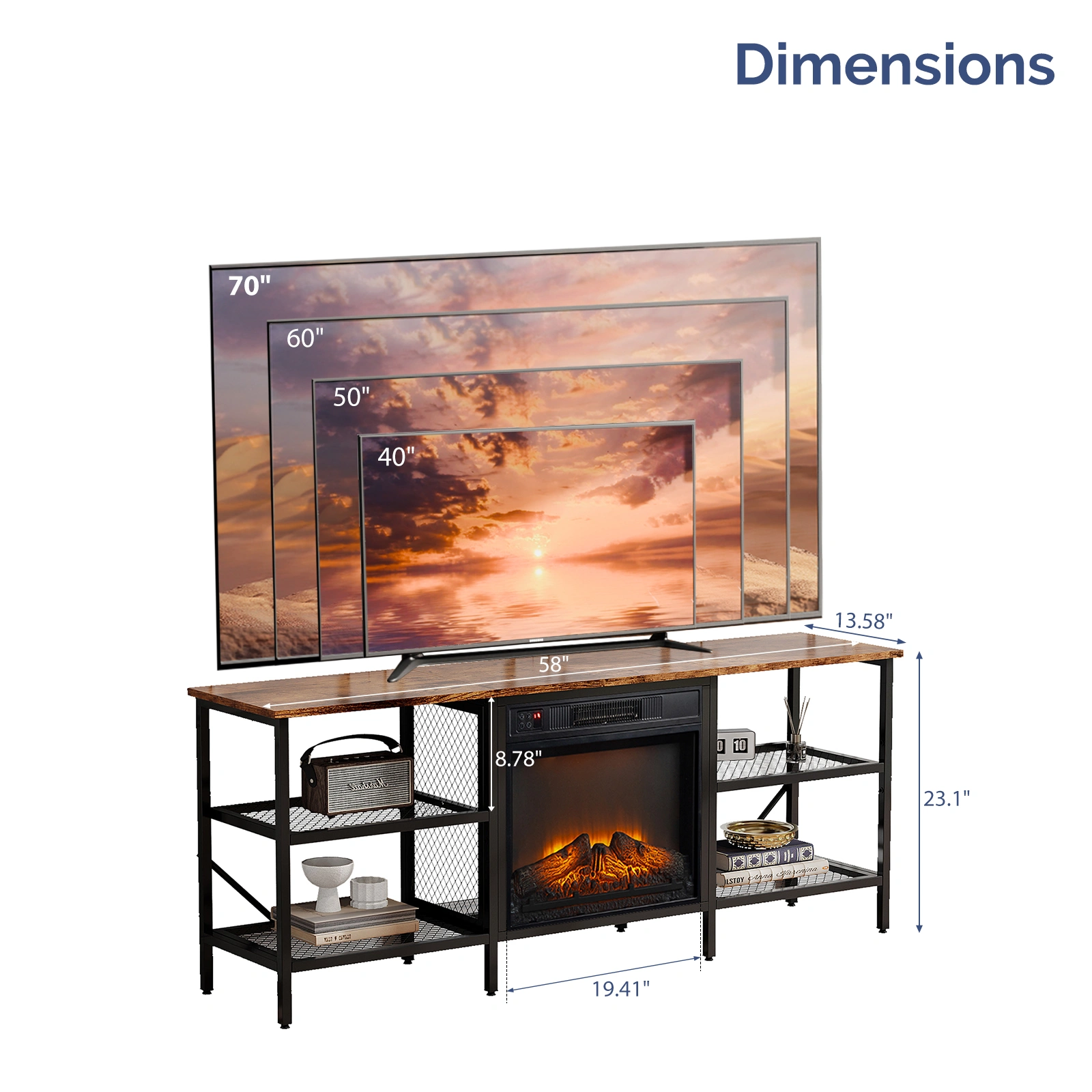 58" Weathered Wood Fireplace TV Stand Console Table with 4 Shelves, for 18" Electric Fireplace Insert view 4