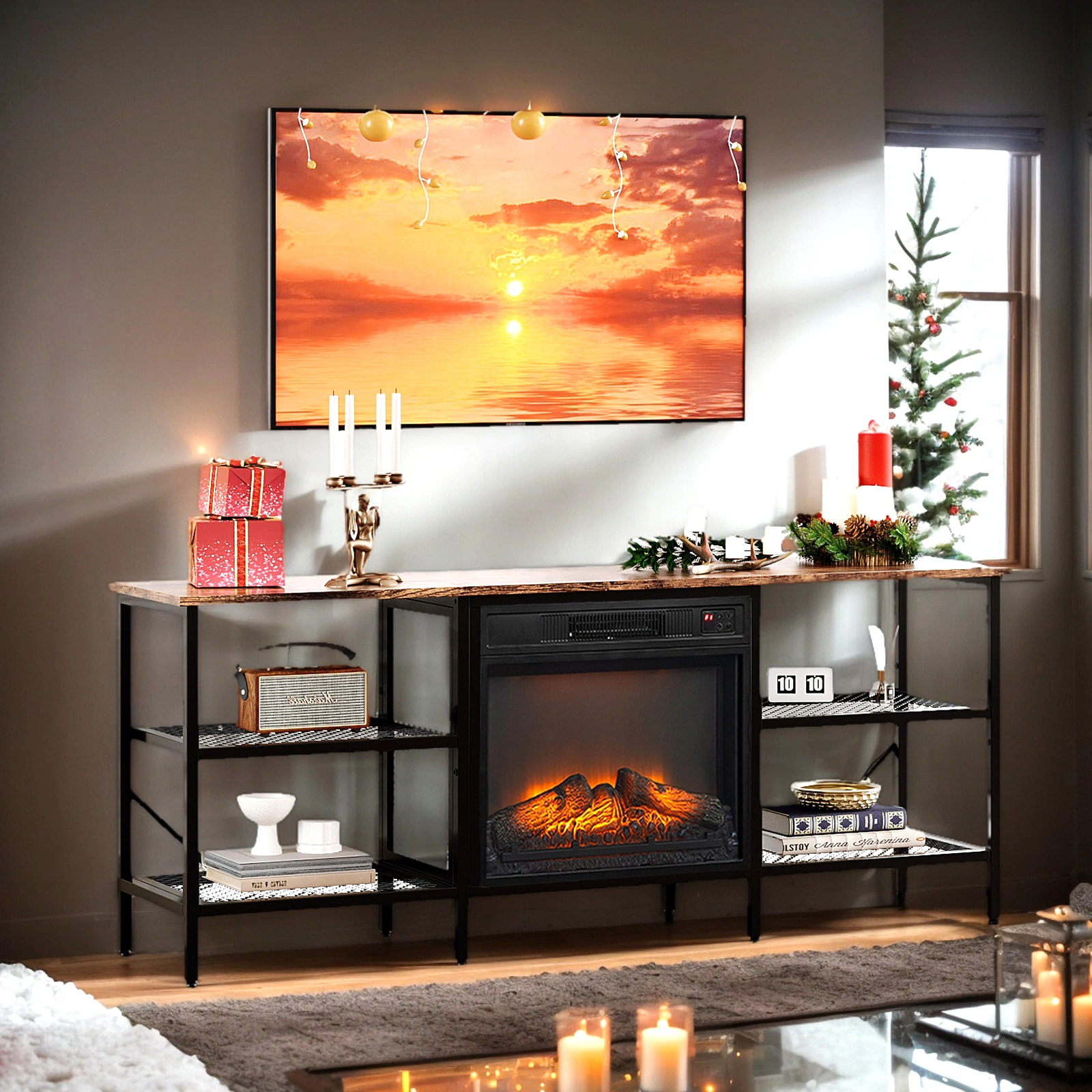 58" Weathered Wood Fireplace TV Stand Console Table with 4 Shelves, for 18" Electric Fireplace Insert view 6