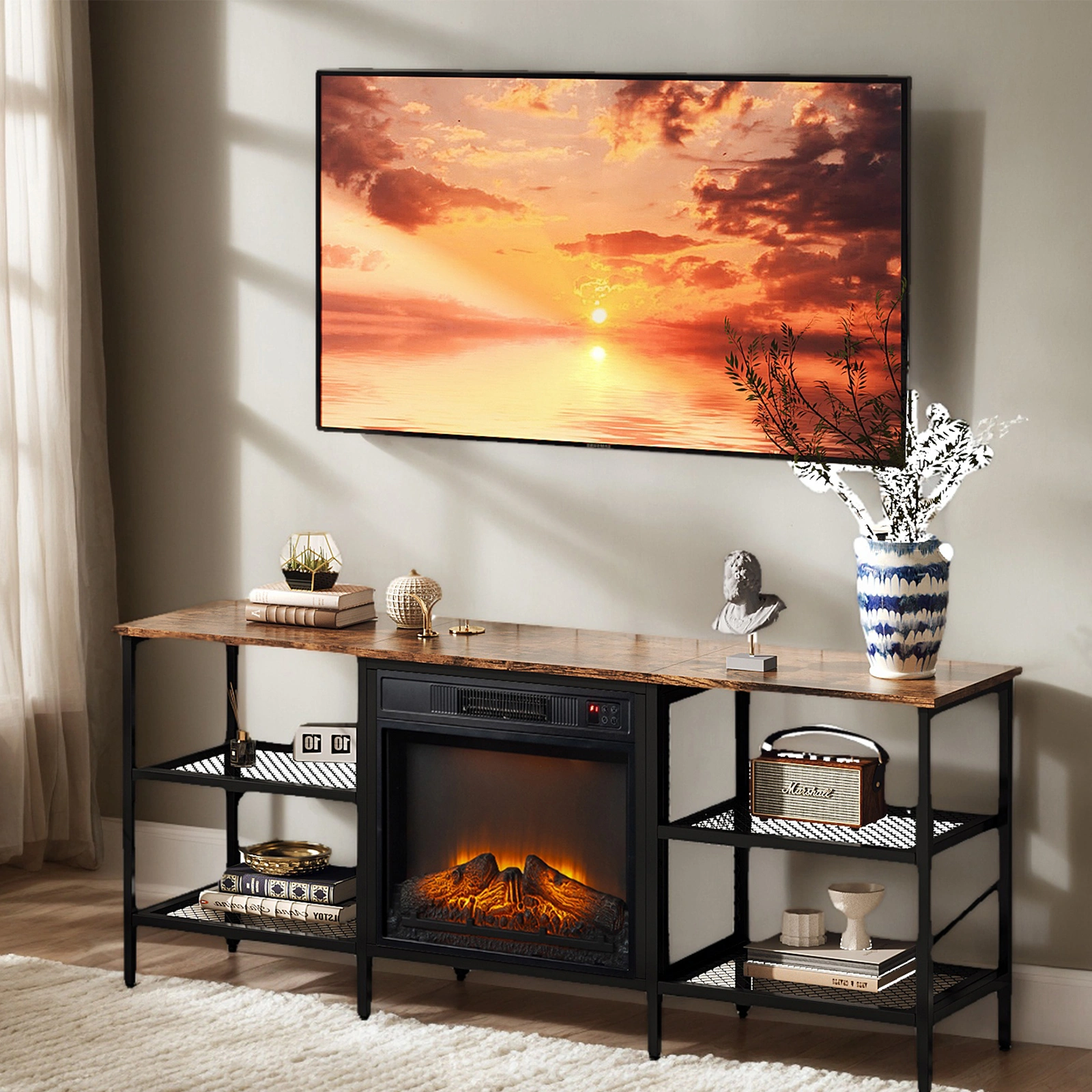 58" Weathered Wood Fireplace TV Stand Console Table with 4 Shelves, for 18" Electric Fireplace Insert view 7