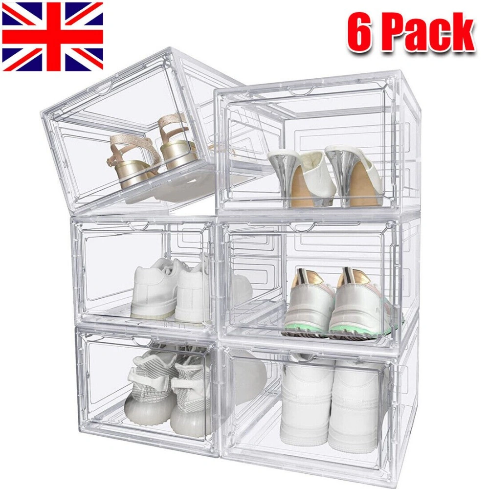 6 Pack Transparent Shoe Storage Boxes, Hard Plastic Stackable Shoe Box Organiser, Sneaker Keeper