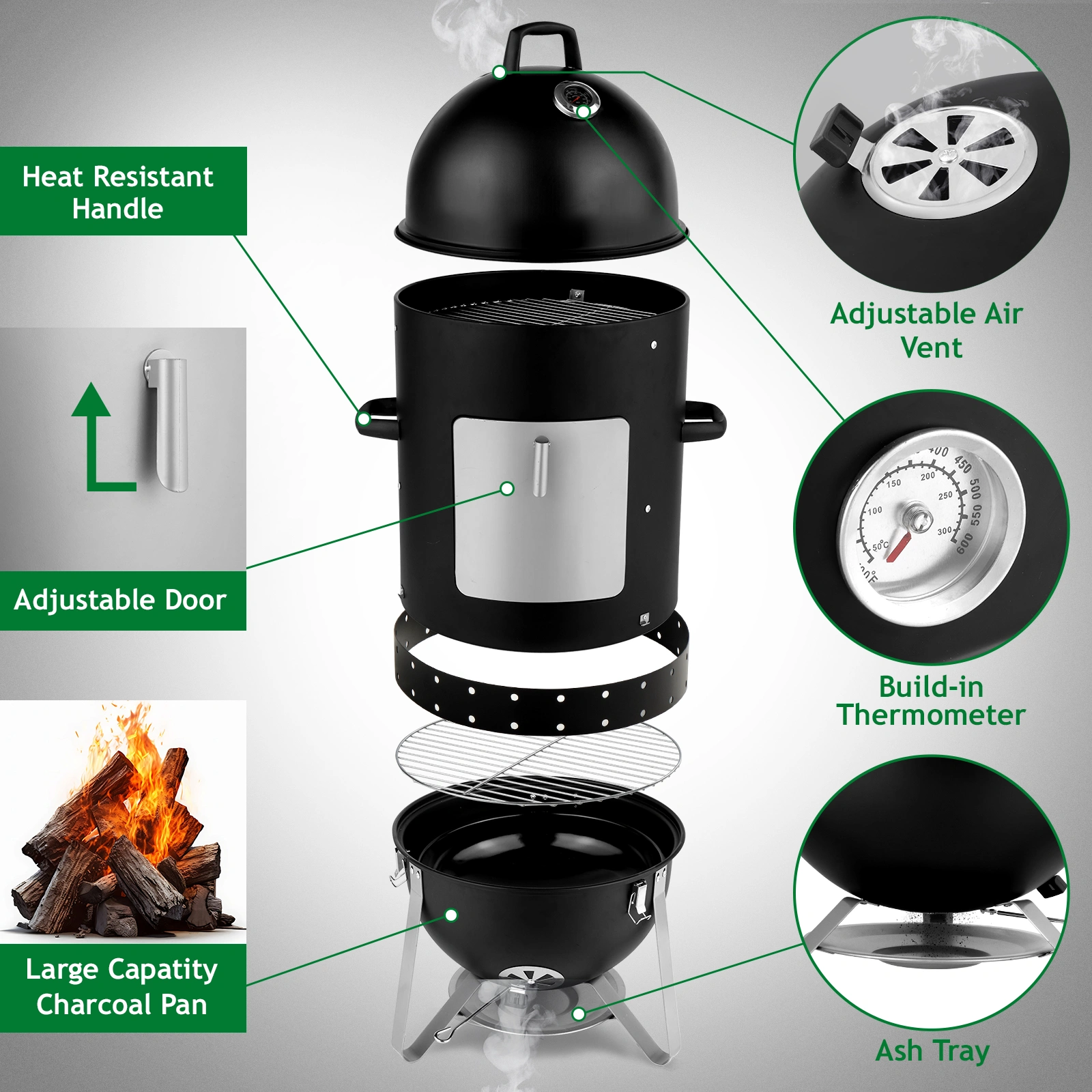 Vertical Steel Charcoal Smoker, Heavy Duty Three Layer Round BBQ Grill Smokey Mountain Cooker for Outdoor Cooking, Black view 10