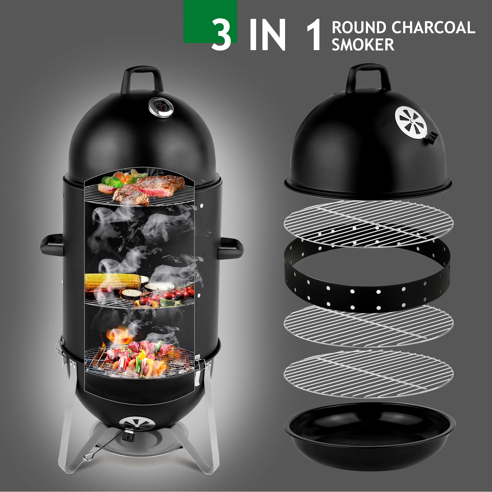 Vertical Steel Charcoal Smoker, Heavy Duty Three Layer Round BBQ Grill Smokey Mountain Cooker for Outdoor Cooking, Black view 14