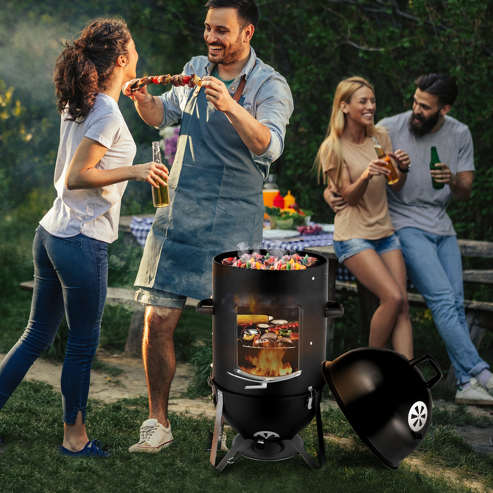Vertical Steel Charcoal Smoker, Heavy Duty Three Layer Round BBQ Grill Smokey Mountain Cooker for Outdoor Cooking, Black view 7