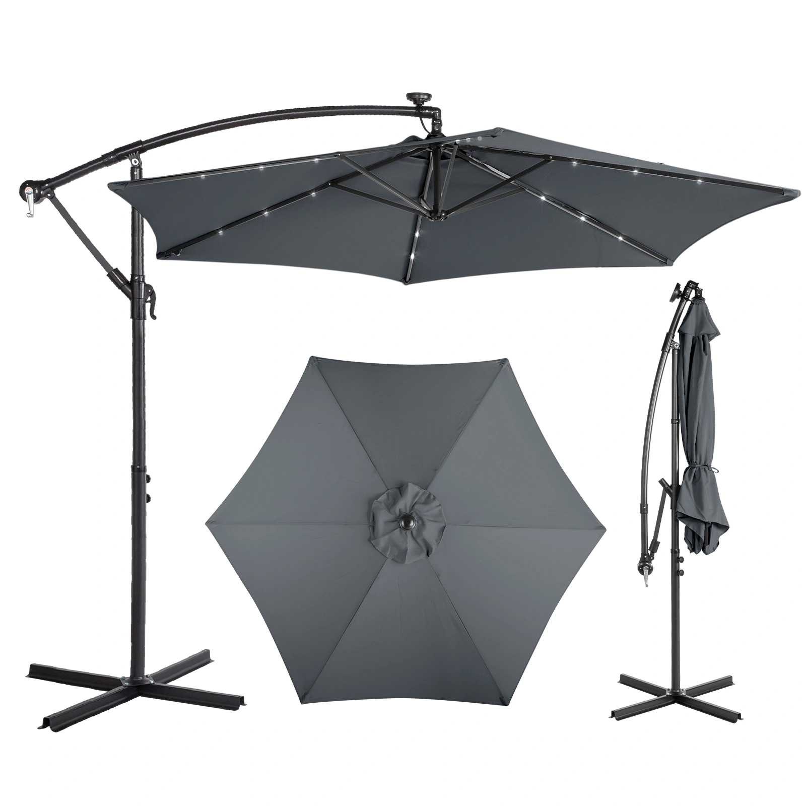 10FT Round Banana Hanging Patio Umbrella with 18 LED Lights, 6 Iron Ribs, Iron Straight & Curved Pole, Waterproof Polyester Canopy, with Stand Sleeve and Cross Base, Gray