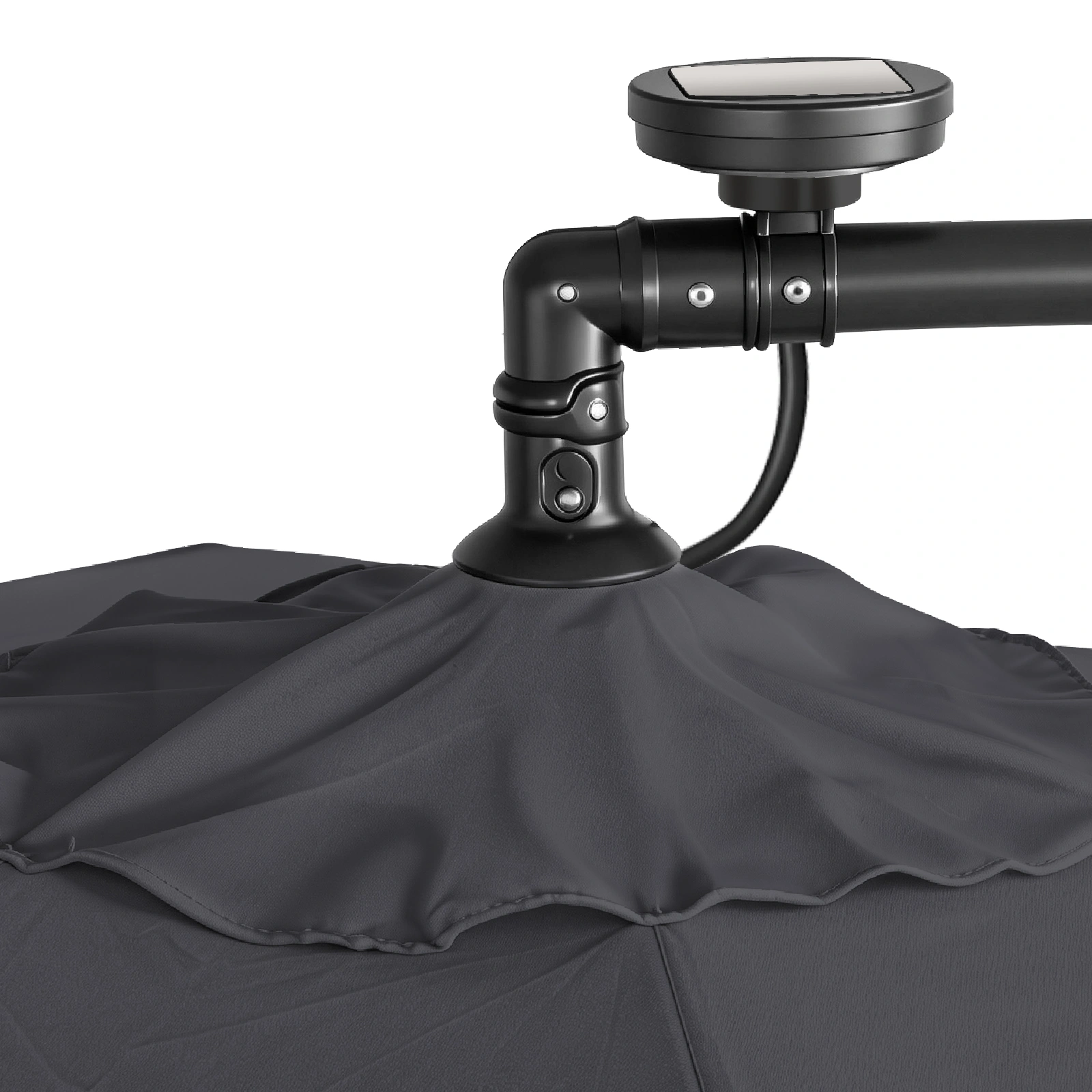 10FT Round Banana Hanging Patio Umbrella with 18 LED Lights, 6 Iron Ribs, Iron Straight & Curved Pole, Waterproof Polyester Canopy, with Stand Sleeve and Cross Base, Gray view 11