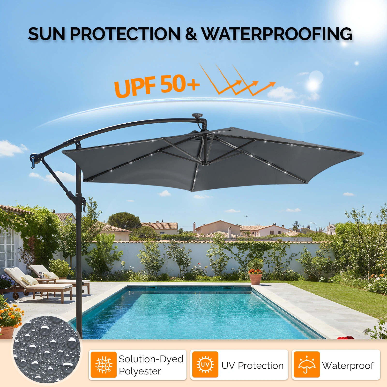 10FT Round Banana Hanging Patio Umbrella with 18 LED Lights, 6 Iron Ribs, Iron Straight & Curved Pole, Waterproof Polyester Canopy, with Stand Sleeve and Cross Base, Gray view 18
