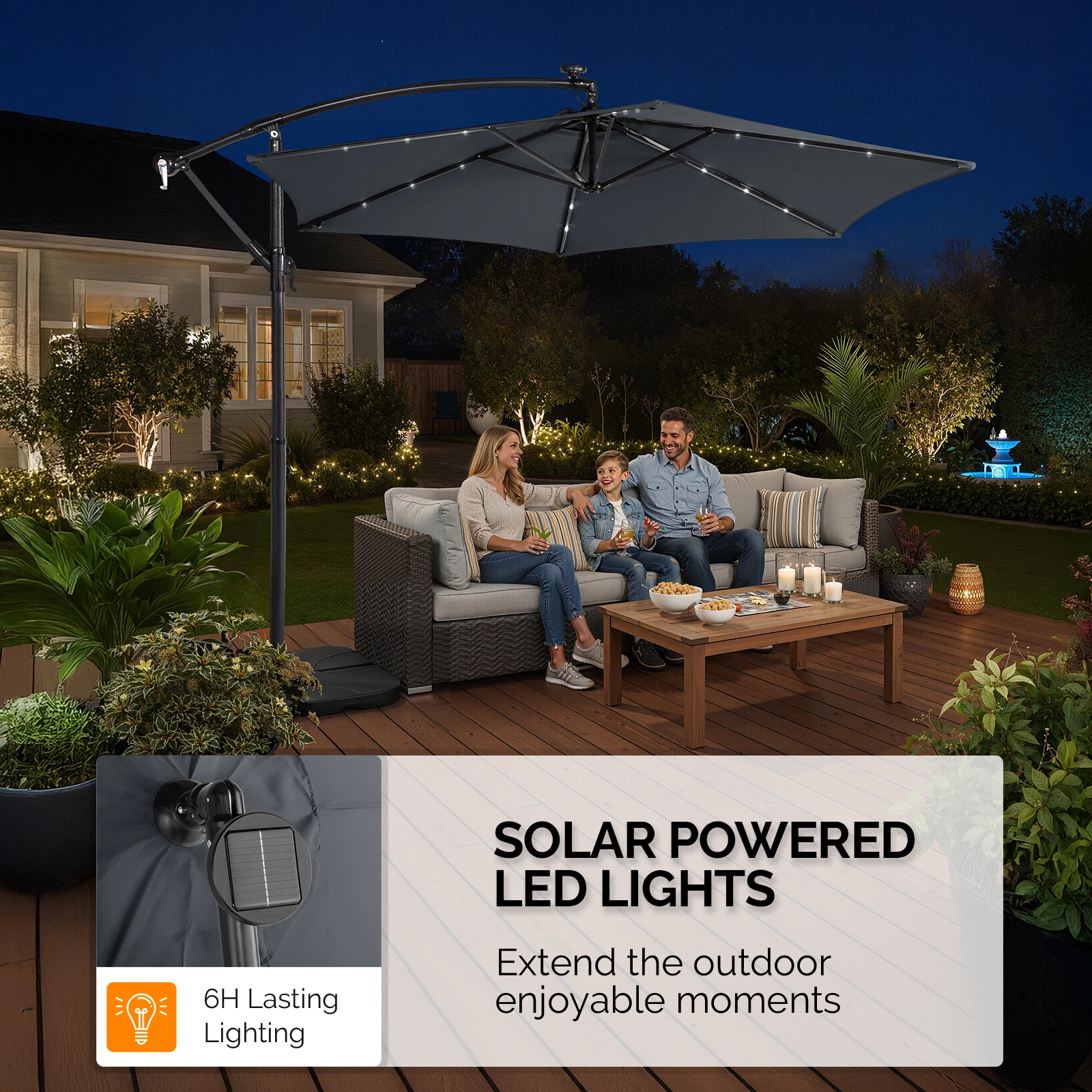 10FT Round Banana Hanging Patio Umbrella with 18 LED Lights, 6 Iron Ribs, Iron Straight & Curved Pole, Waterproof Polyester Canopy, with Stand Sleeve and Cross Base, Gray view 19