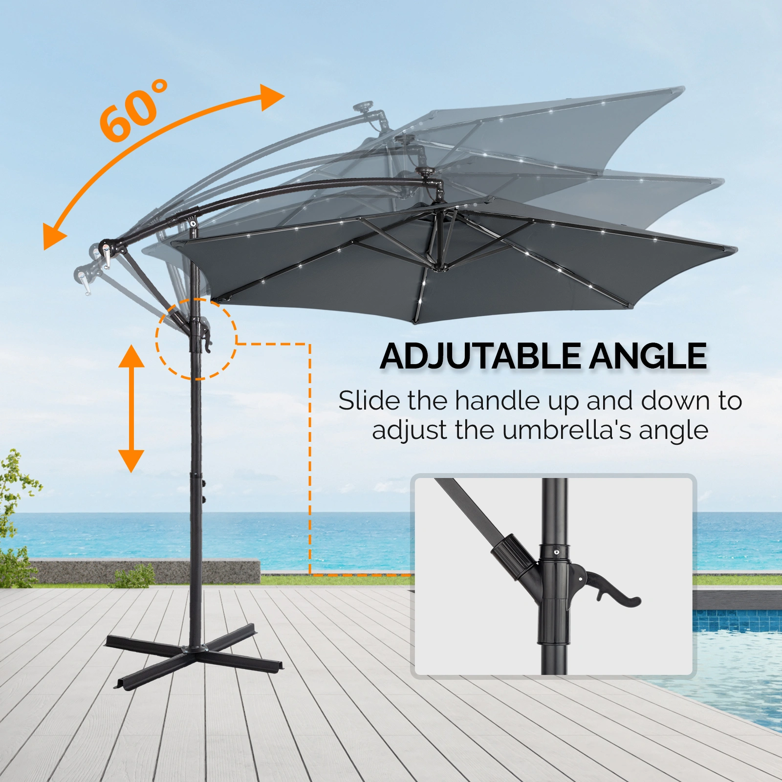 10FT Round Banana Hanging Patio Umbrella with 18 LED Lights, 6 Iron Ribs, Iron Straight & Curved Pole, Waterproof Polyester Canopy, with Stand Sleeve and Cross Base, Gray view 23