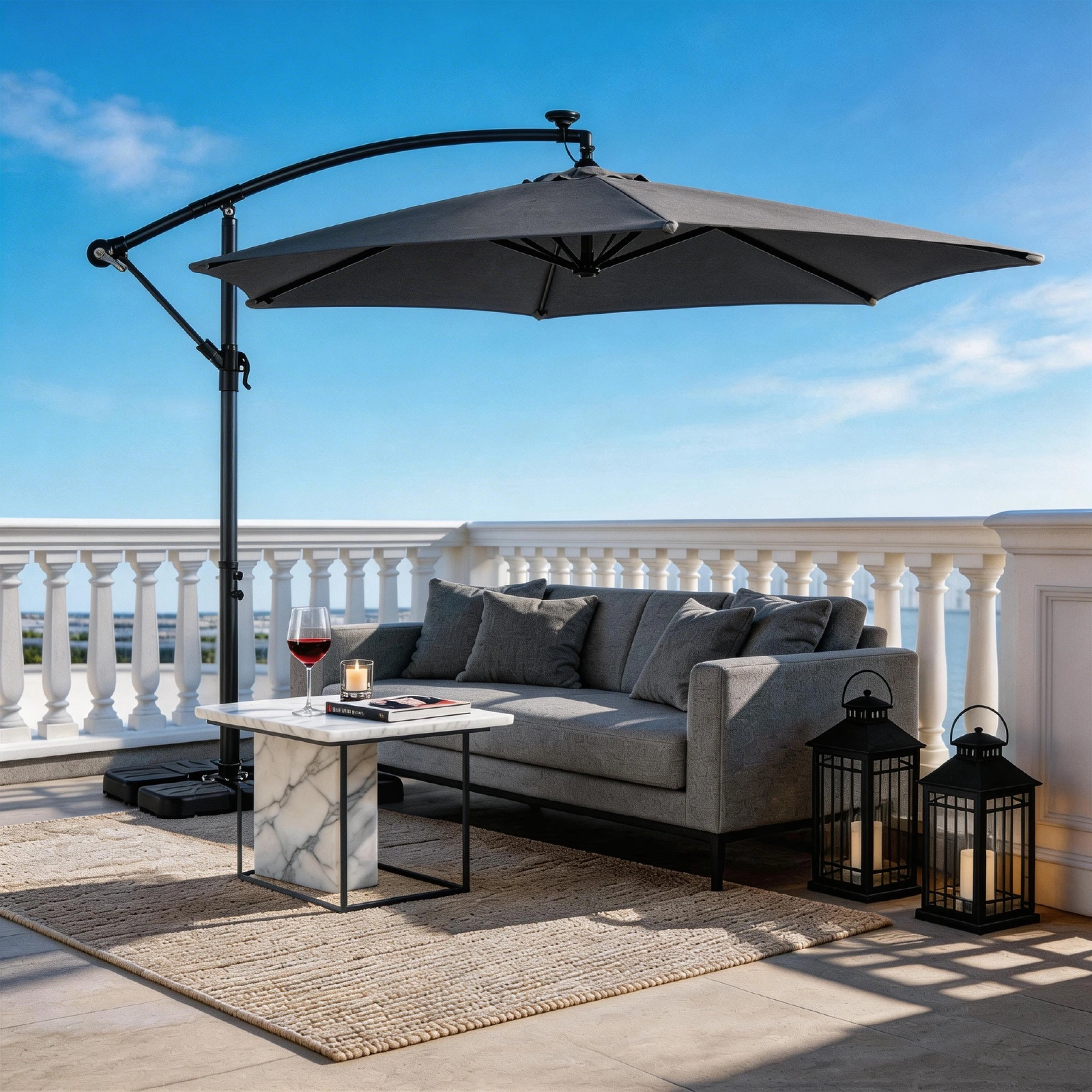 10FT Round Banana Hanging Patio Umbrella with 18 LED Lights, 6 Iron Ribs, Iron Straight & Curved Pole, Waterproof Polyester Canopy, with Stand Sleeve and Cross Base, Gray view 29