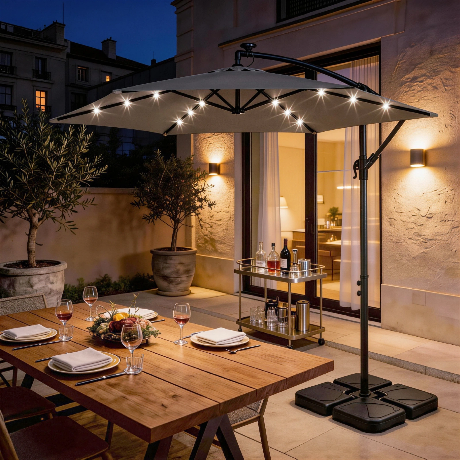 10FT Round Banana Hanging Patio Umbrella with 18 LED Lights, 6 Iron Ribs, Iron Straight & Curved Pole, Waterproof Polyester Canopy, with Stand Sleeve and Cross Base, Gray view 31