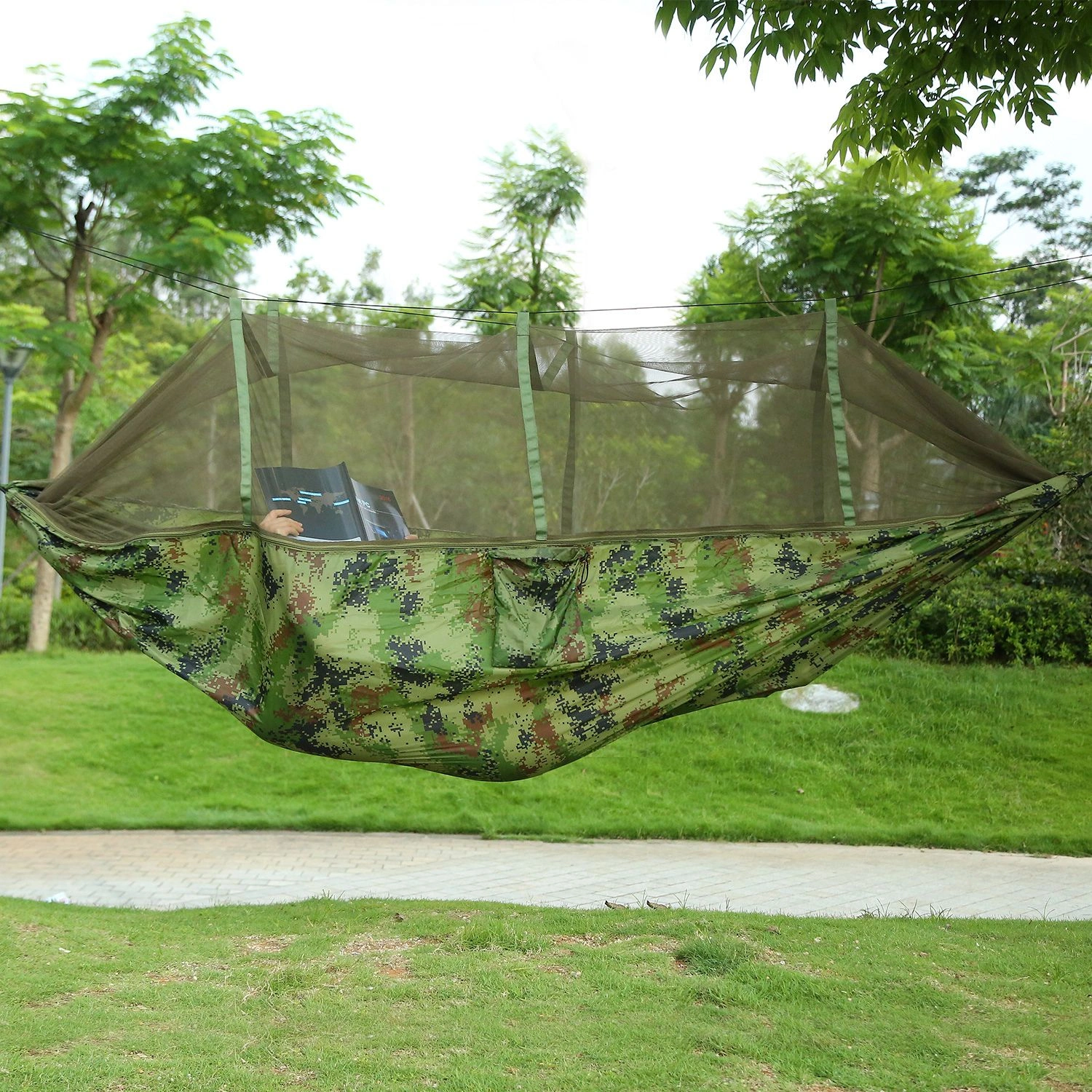Portable Camping Hammock with Mosquito Net, 600lbs Double Hammock for 2 Person, Nylon Hanging Bed w/Straps Carabiners & Carry Bag for Outdoor Hiking