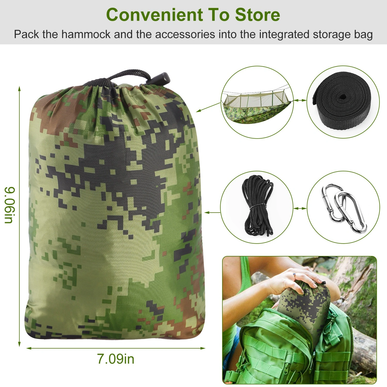 Portable Camping Hammock with Mosquito Net, 600lbs Double Hammock for 2 Person, Nylon Hanging Bed w/Straps Carabiners & Carry Bag for Outdoor Hiking view 10