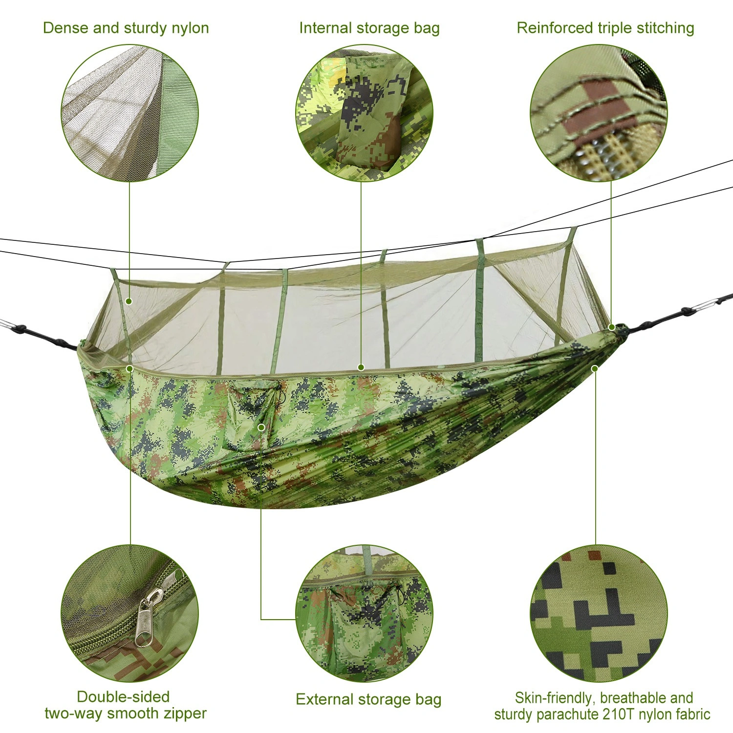 Portable Camping Hammock with Mosquito Net, 600lbs Double Hammock for 2 Person, Nylon Hanging Bed w/Straps Carabiners & Carry Bag for Outdoor Hiking view 6