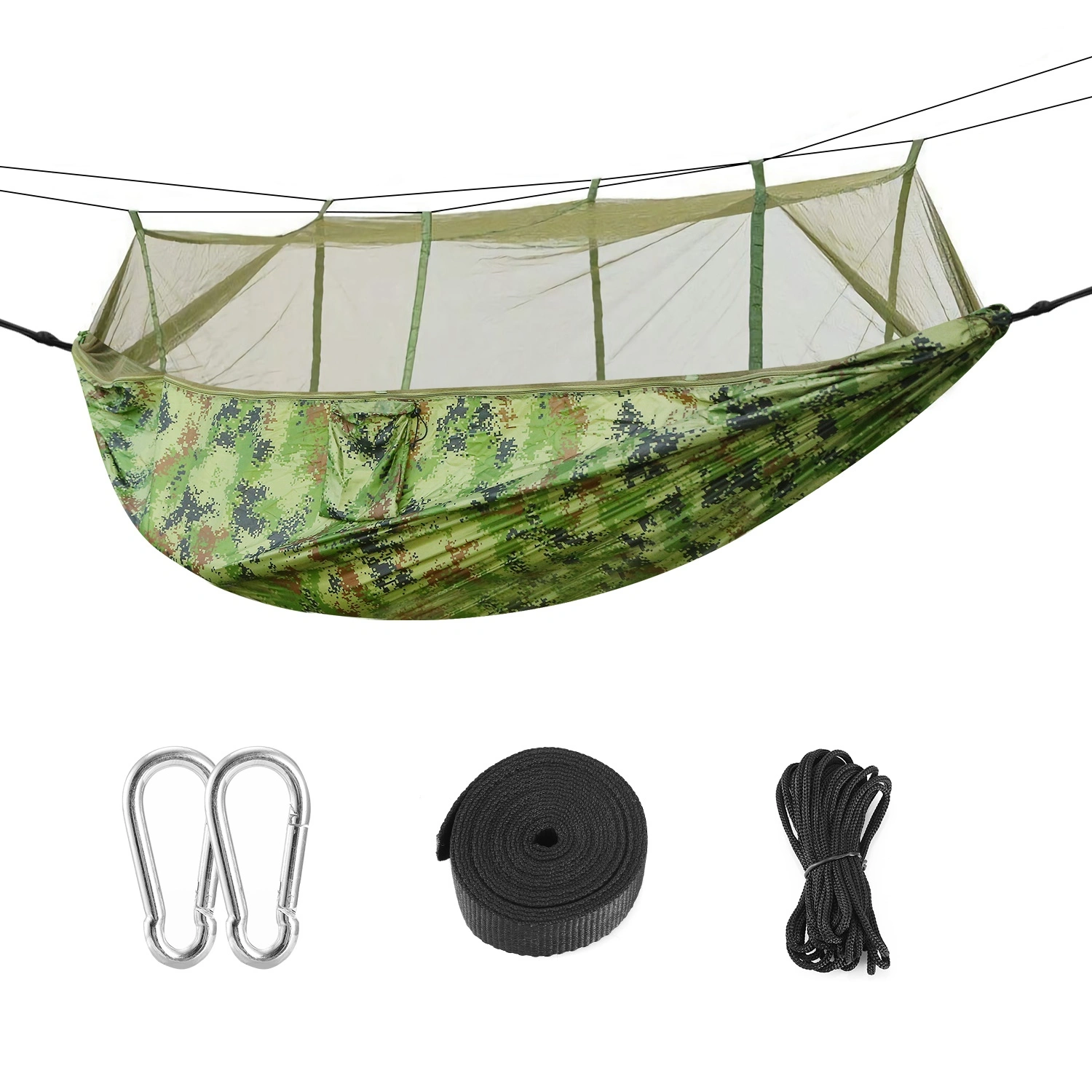 Portable Camping Hammock with Mosquito Net, 600lbs Double Hammock for 2 Person, Nylon Hanging Bed w/Straps Carabiners & Carry Bag for Outdoor Hiking view 7