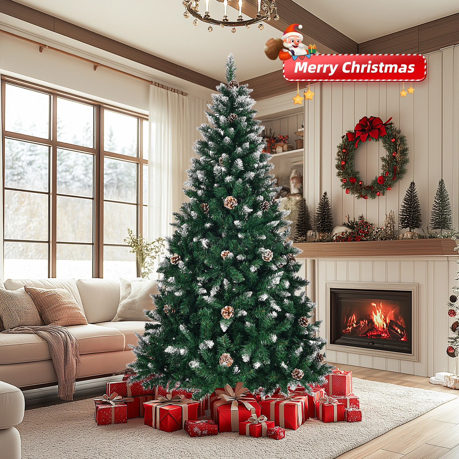 5 FT Artificial Snow Tipped Christmas Tree with Pine Cones 420 Branch Tips Unlit Xmas Tree Sturdy Metal Stand for Home Office Party Holiday Decoration Green view 2