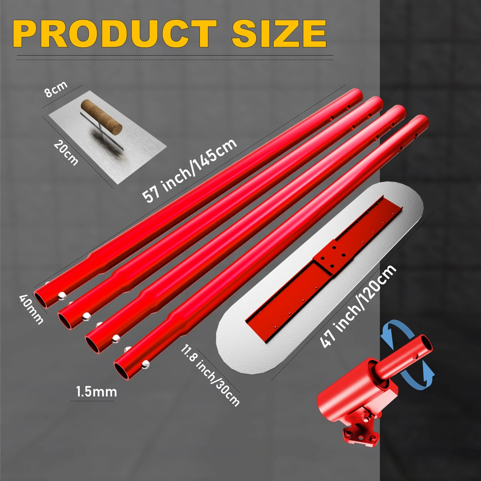 48" x 12" Concrete Bull Float, Stainless Steel with 4 Combinable Handles & Trowel, Concrete Finishing Tool Kit view 5