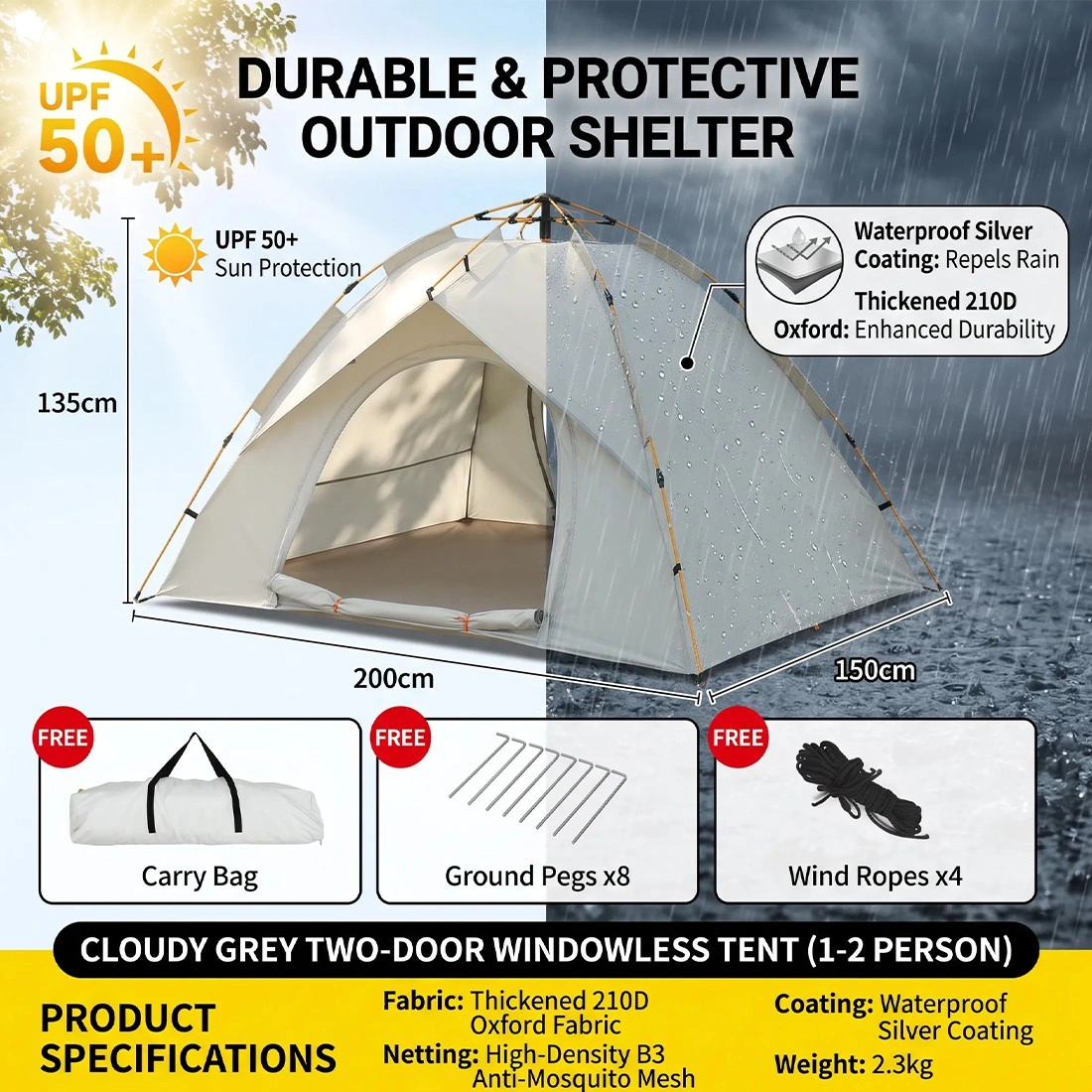 3-4 Person Automatic Pop-Up Camping Tent Waterproof Instant Setup Double Layer view 2
