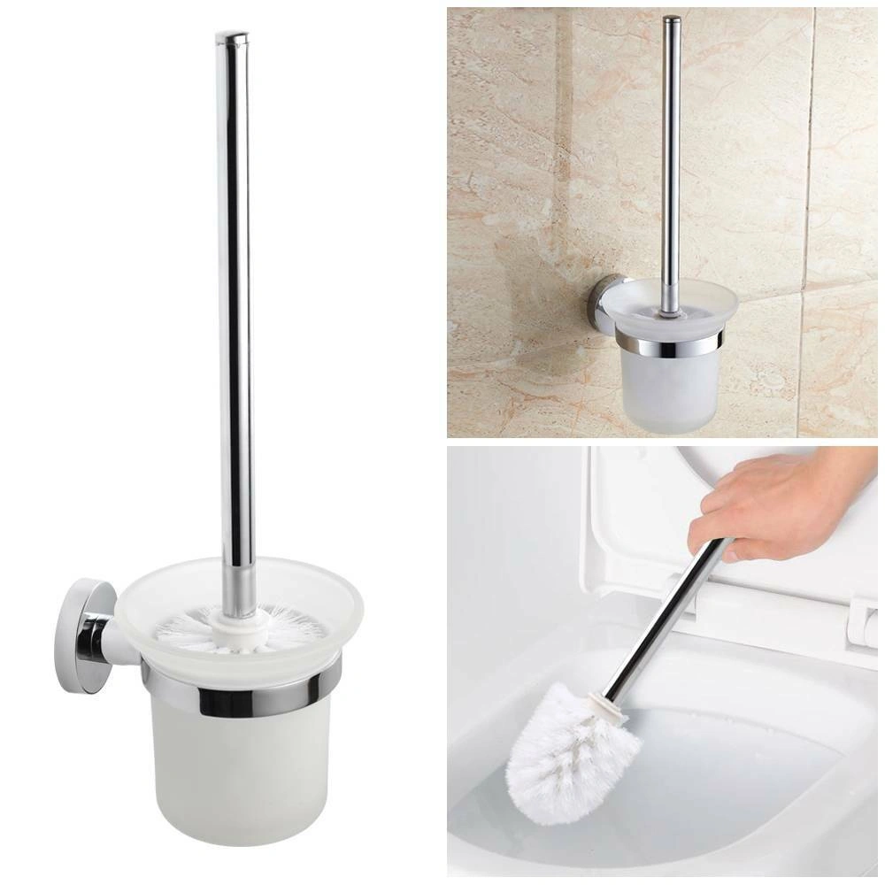 Stainless Steel & Glass Wall-Mounted Brush Holder + Toilet Brush Set, Bathroom Garnitur DE
