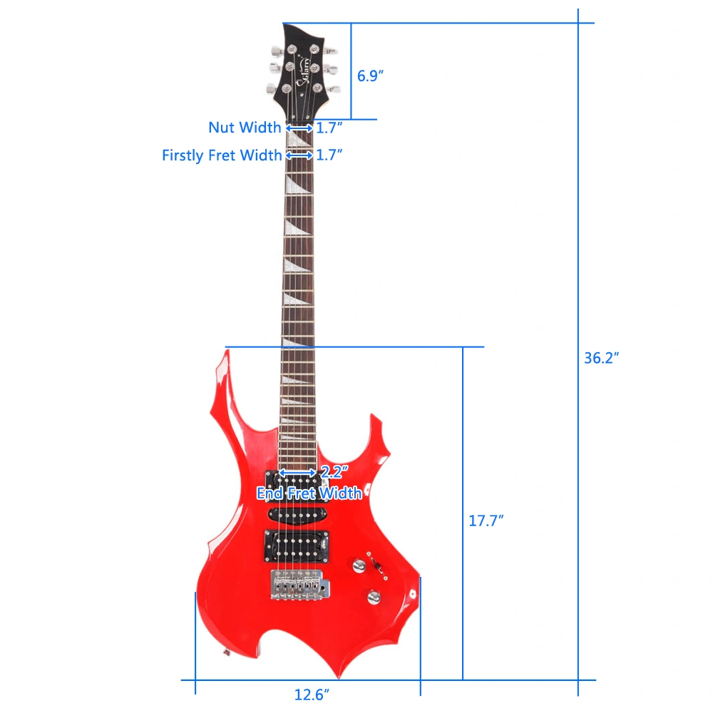Flame Shaped Electric Guitar 20W HSH Pickup, Beginner Guitar Set with Bag Strap Picks Cable Wrench Tool - Red view 14