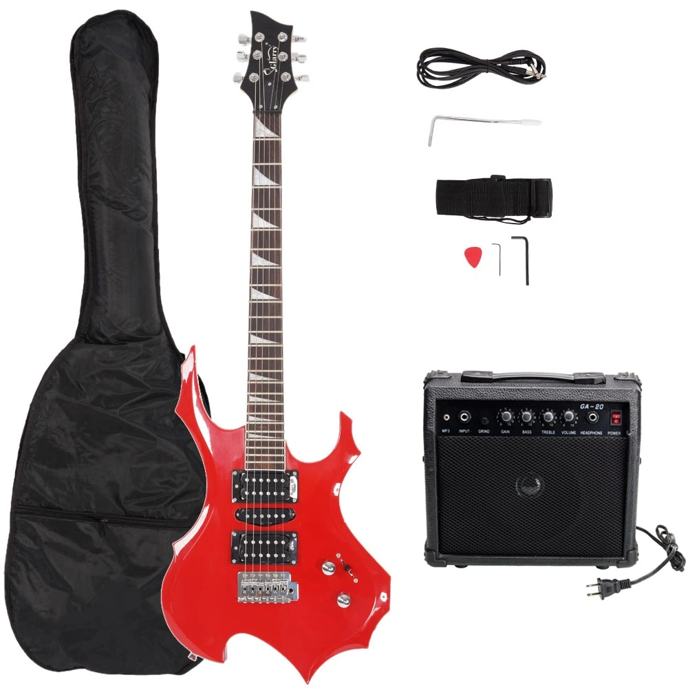 Flame Shaped Electric Guitar 20W HSH Pickup, Beginner Guitar Set with Bag Strap Picks Cable Wrench Tool - Red view 2
