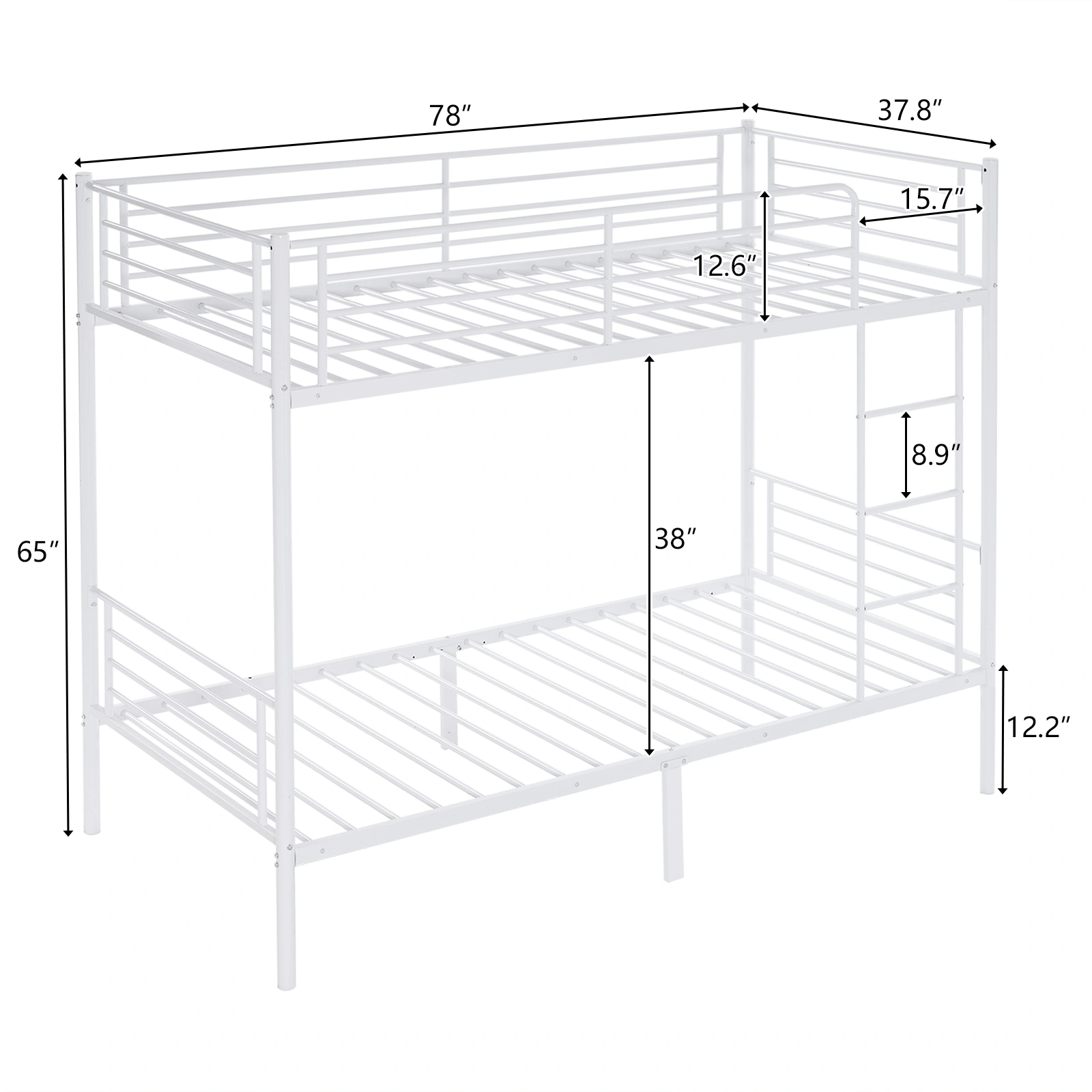 Twin Over Twin Bunk Bed, Heavy Duty Metal Loft Bed with Ladder & Full-Length Guard Rails & Storage Shelf, White, for Kids Teens Adults view 2