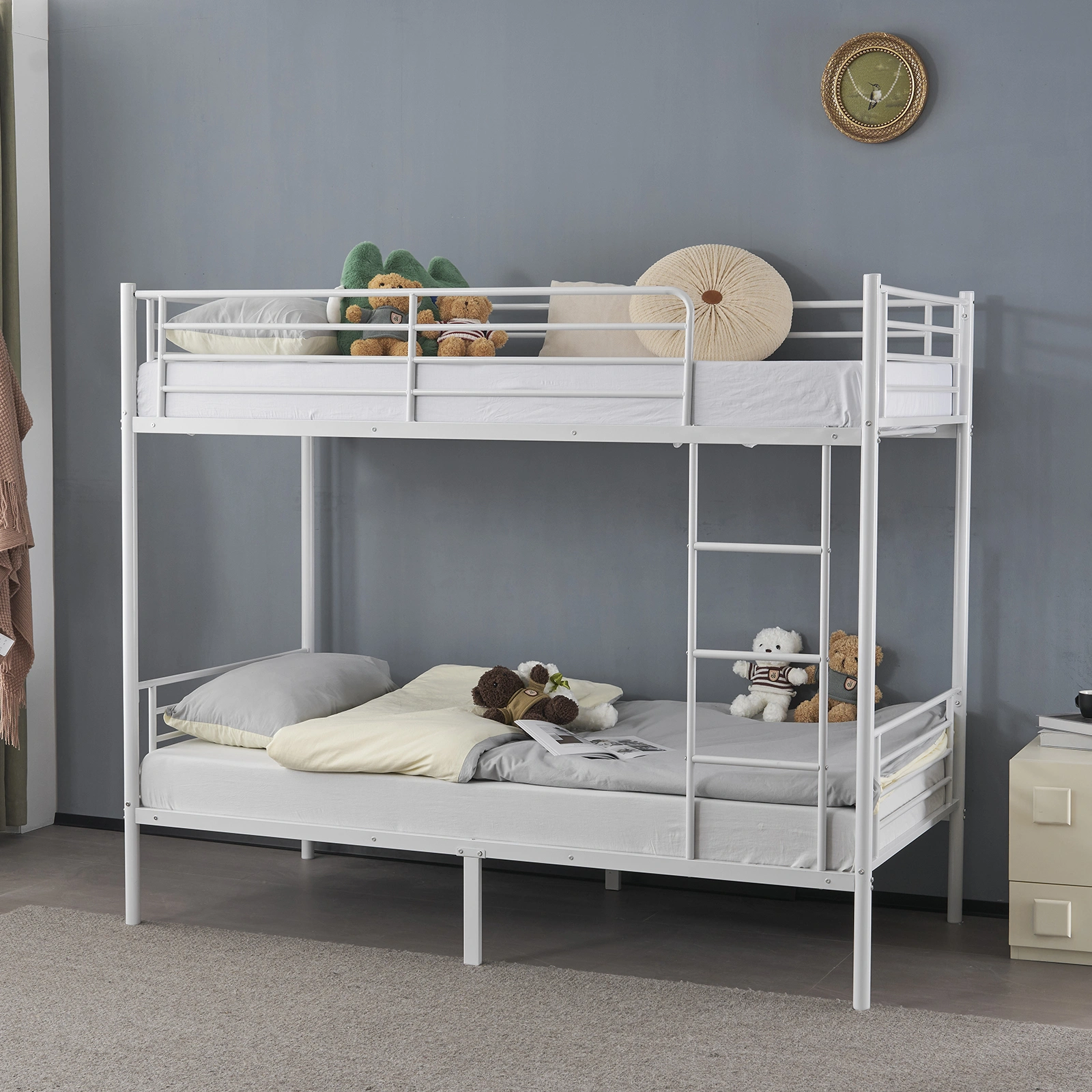 Twin Over Twin Bunk Bed, Heavy Duty Metal Loft Bed with Ladder & Full-Length Guard Rails & Storage Shelf, White, for Kids Teens Adults view 4