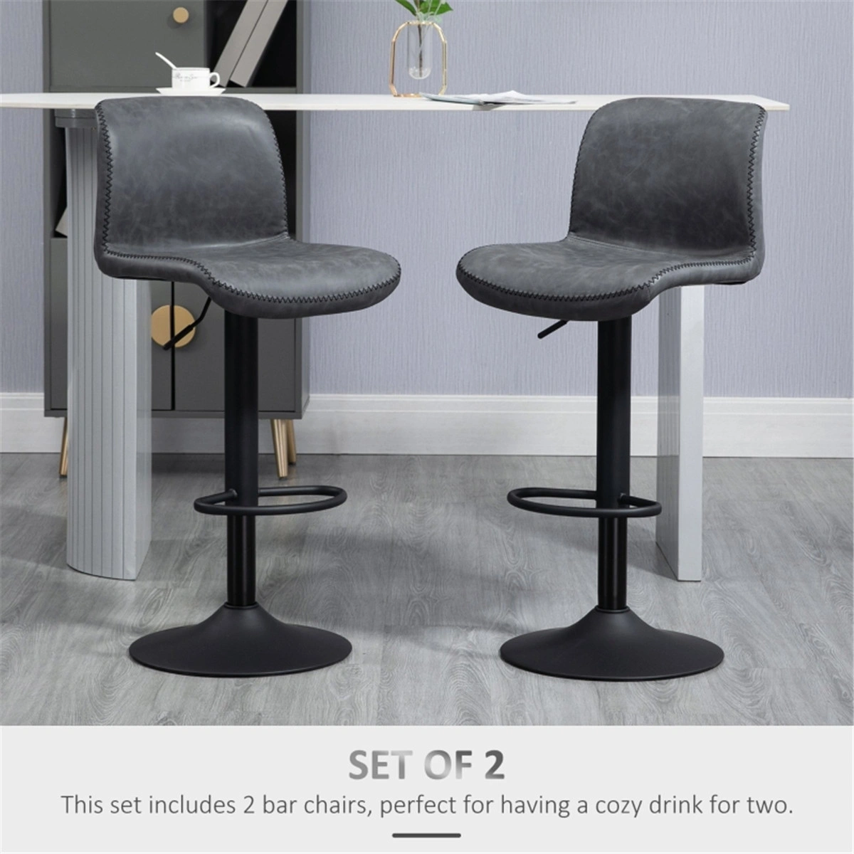24 Inch Bar Stools Set of 2, Contemporary Dining Chair with Tufted Backrest, Swivel Office Chair for Kitchen Counter, Gray Velvet
