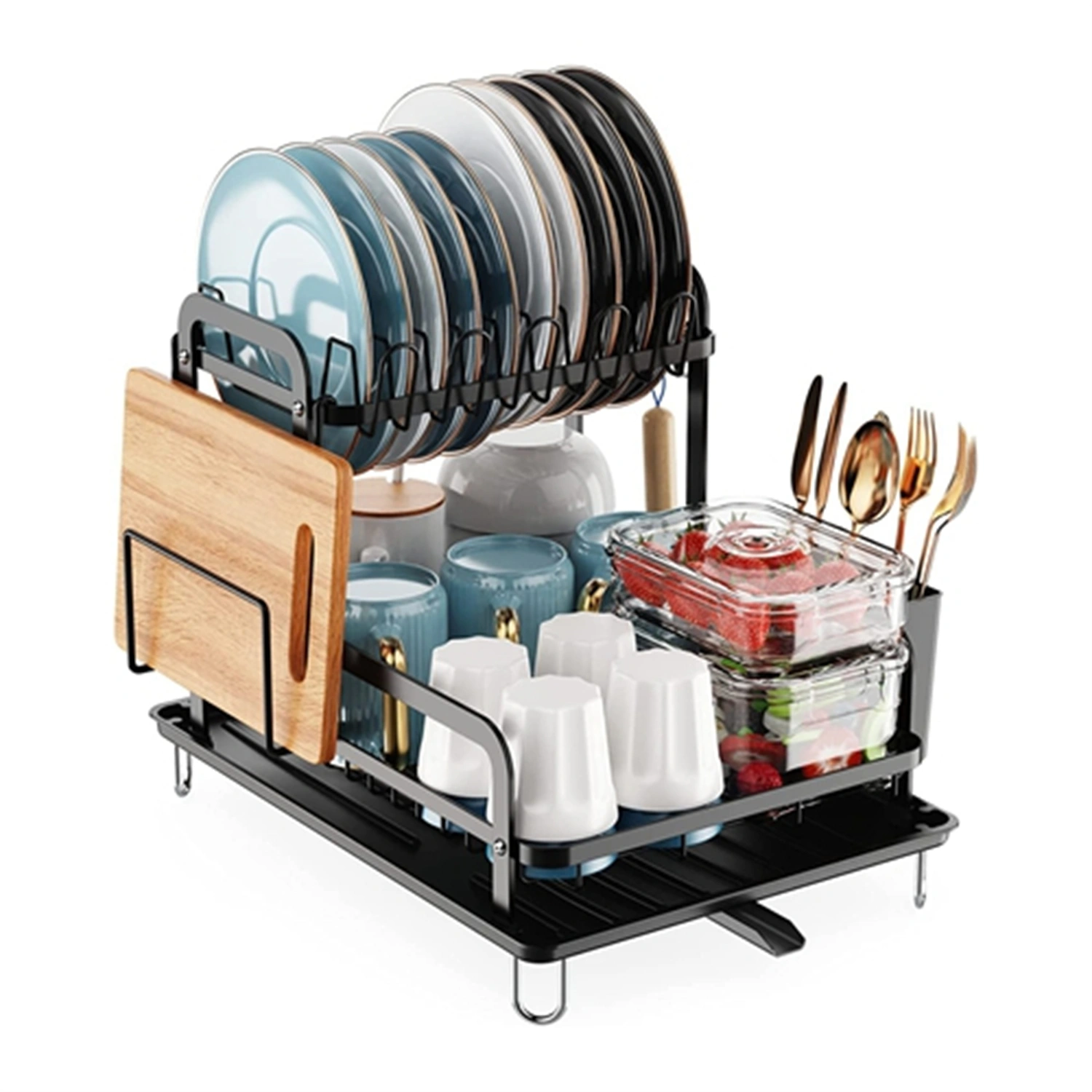 2-Tier 16.65x14.57x13.11in Dish Drying Rack for Kitchen Dish Rack with Drainboard Detachable Kitchen Drainer Organizer Set with Utensil Holder Bowl Rack Dish Rack(No shipment on weekends) view 2