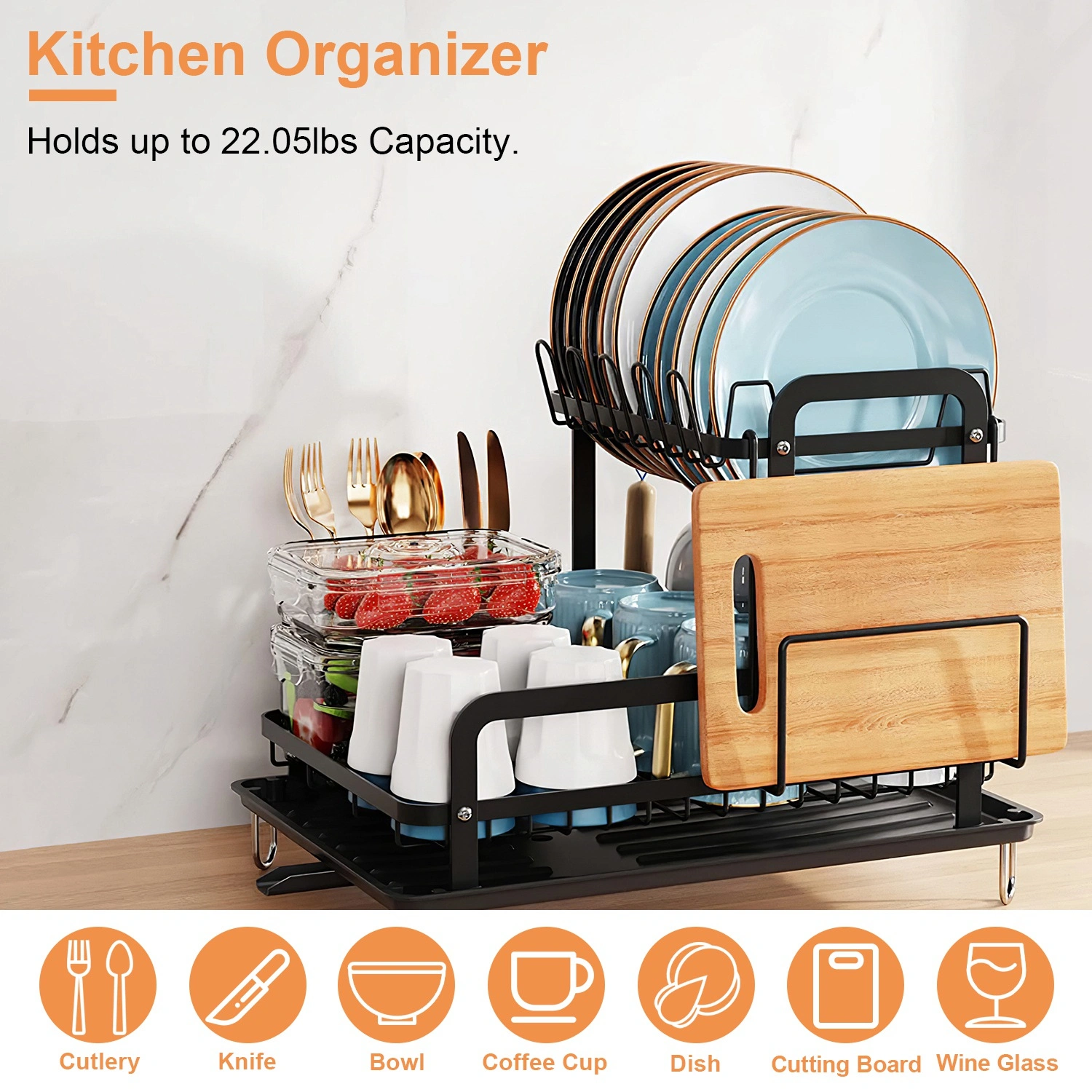 2-Tier 16.65x14.57x13.11in Dish Drying Rack for Kitchen Dish Rack with Drainboard Detachable Kitchen Drainer Organizer Set with Utensil Holder Bowl Rack Dish Rack(No shipment on weekends) view 3