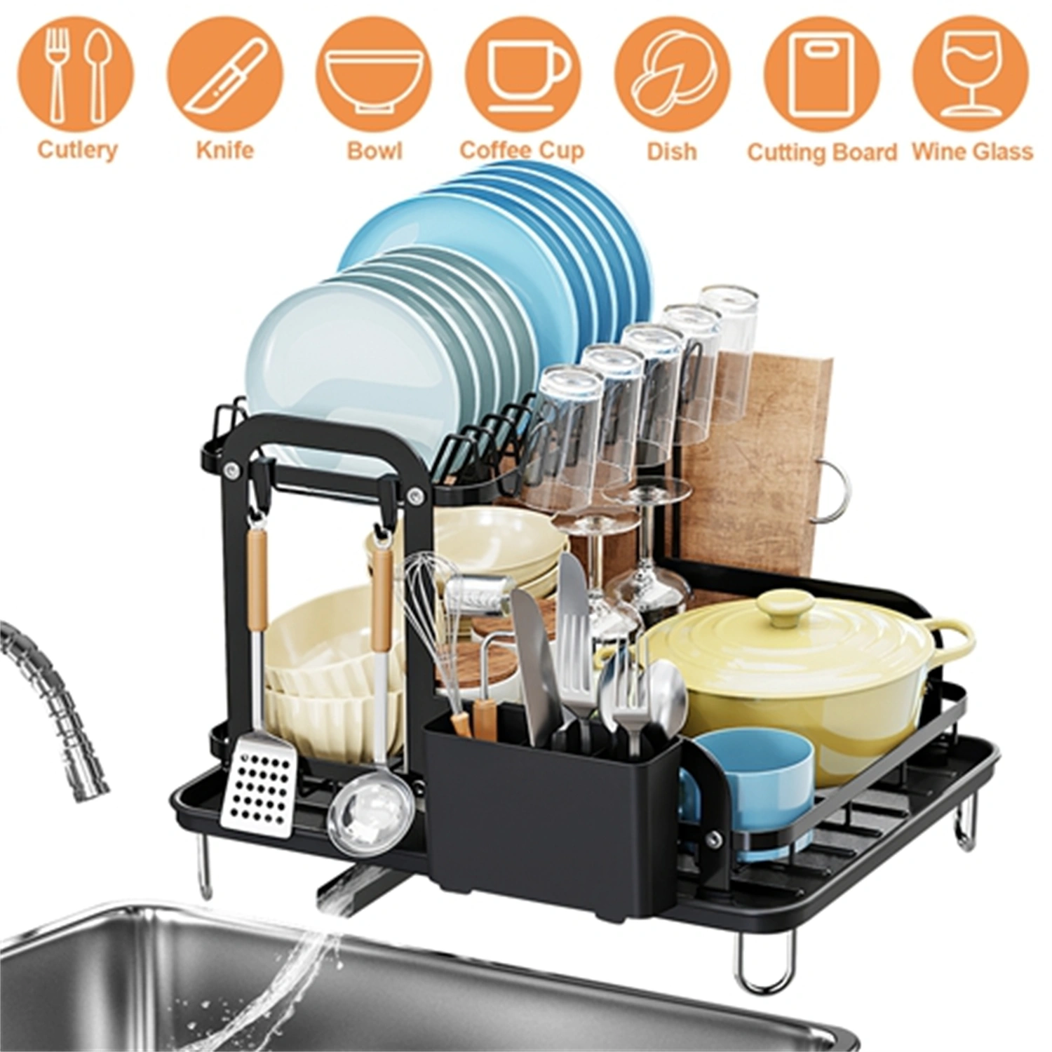 2-Tier 16.65x14.57x13.11in Dish Drying Rack for Kitchen Dish Rack with Drainboard Detachable Kitchen Drainer Organizer Set with Utensil Holder Bowl Rack Dish Rack(No shipment on weekends) view 4