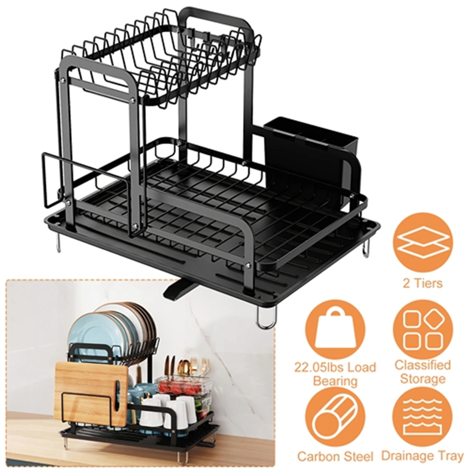 2-Tier 16.65x14.57x13.11in Dish Drying Rack for Kitchen Dish Rack with Drainboard Detachable Kitchen Drainer Organizer Set with Utensil Holder Bowl Rack Dish Rack(No shipment on weekends) view 5