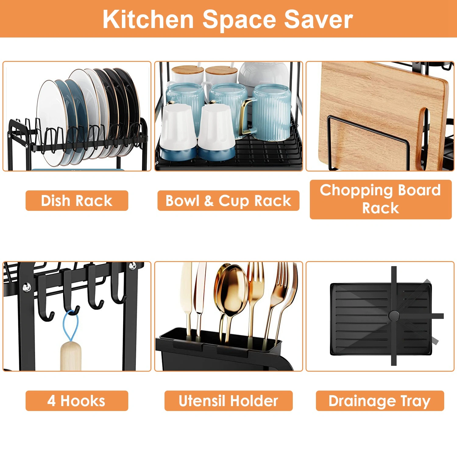 2-Tier 16.65x14.57x13.11in Dish Drying Rack for Kitchen Dish Rack with Drainboard Detachable Kitchen Drainer Organizer Set with Utensil Holder Bowl Rack Dish Rack(No shipment on weekends) view 7