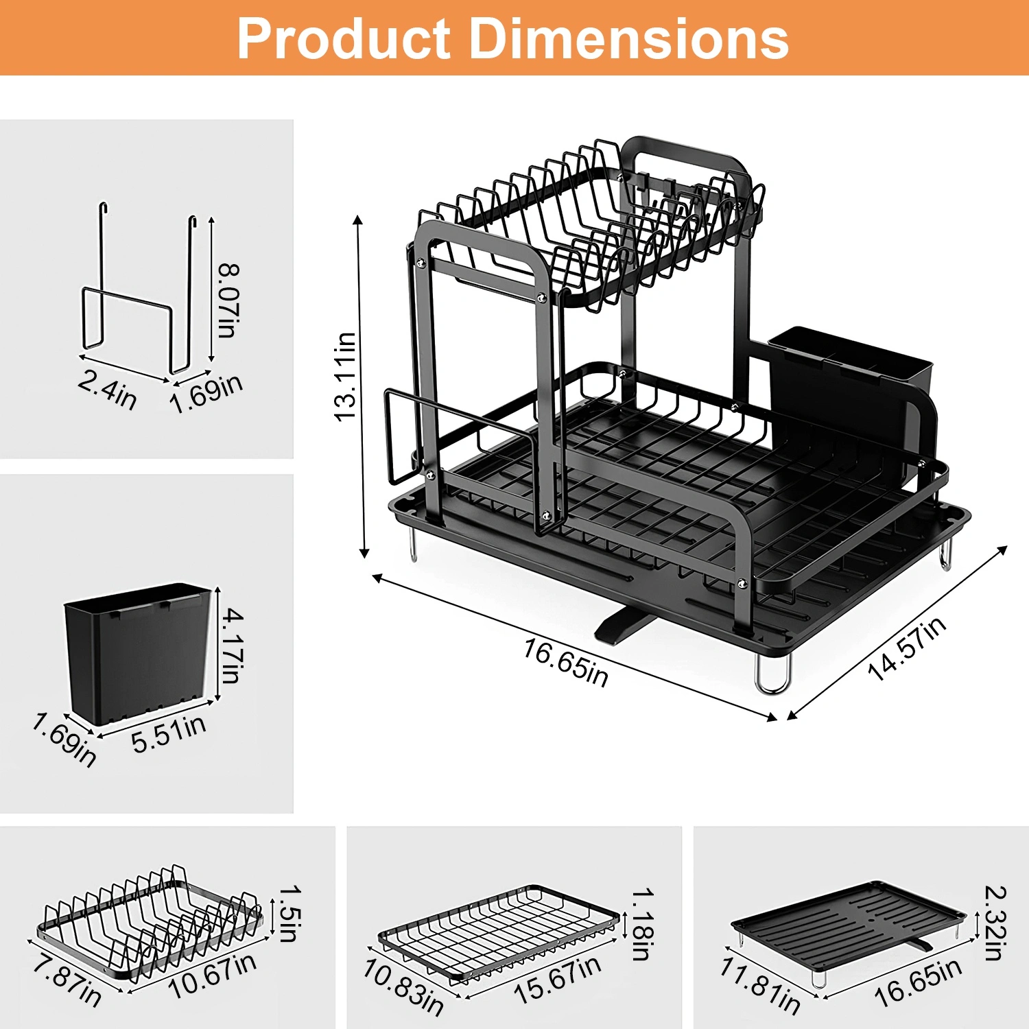 2-Tier 16.65x14.57x13.11in Dish Drying Rack for Kitchen Dish Rack with Drainboard Detachable Kitchen Drainer Organizer Set with Utensil Holder Bowl Rack Dish Rack(No shipment on weekends) view 9