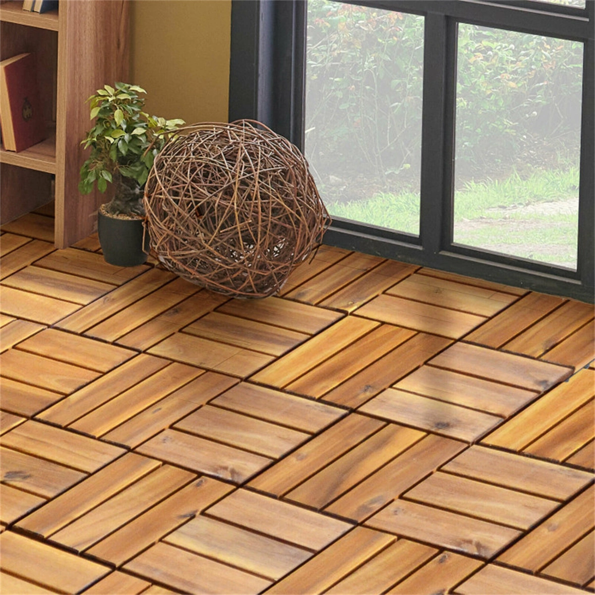 27pcs Acacia Wood Interlocking Patio Deck Tiles, 12x12 Inch Outdoor Floor Tiles, DIY Wood Deck view 2