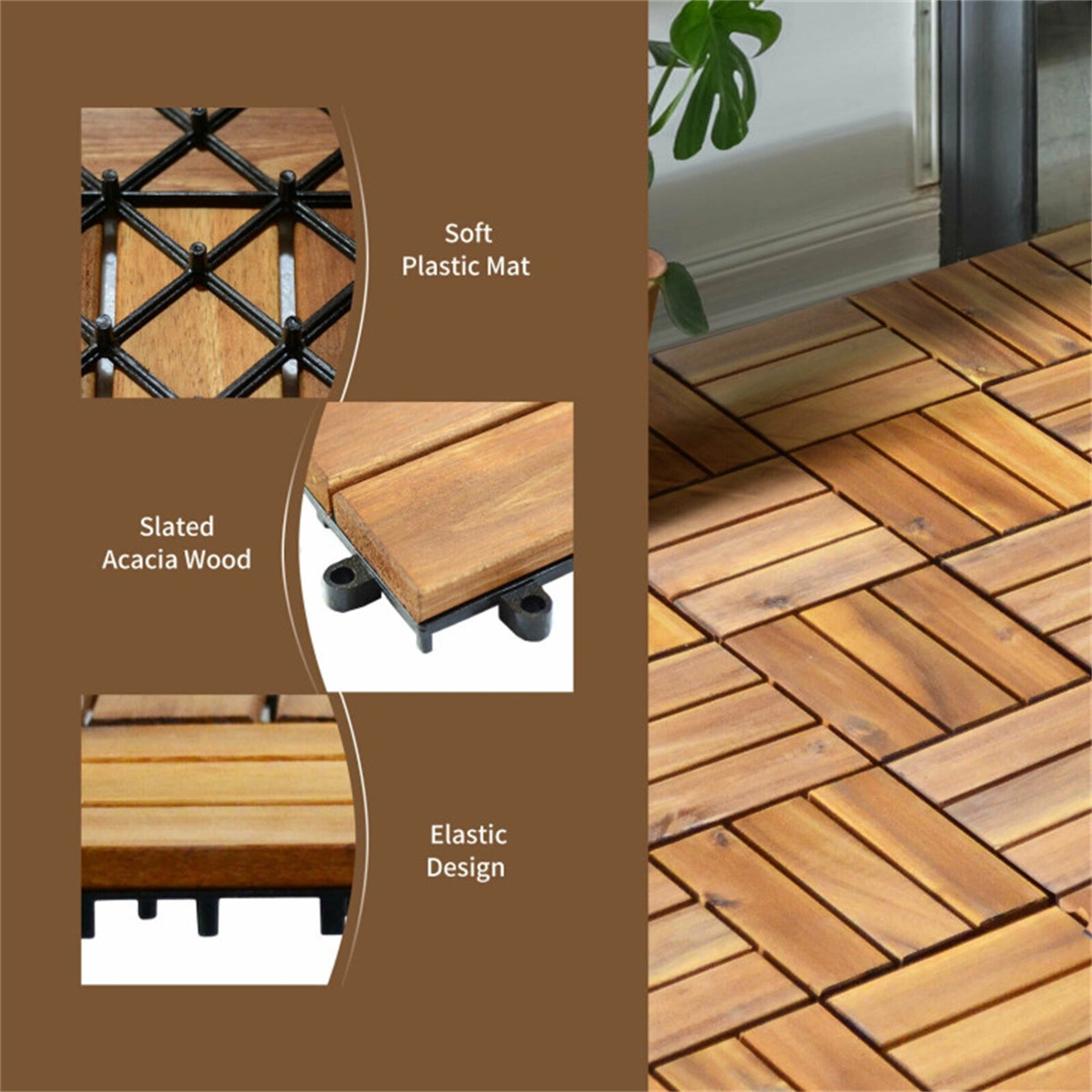 27pcs Acacia Wood Interlocking Patio Deck Tiles, 12x12 Inch Outdoor Floor Tiles, DIY Wood Deck view 4