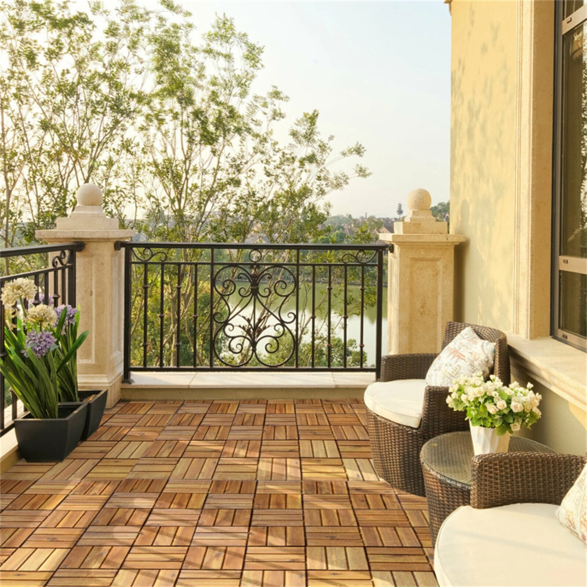 27pcs Acacia Wood Interlocking Patio Deck Tiles, 12x12 Inch Outdoor Floor Tiles, DIY Wood Deck view 8