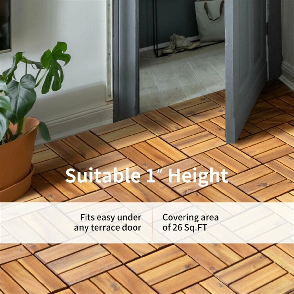 27pcs Acacia Wood Interlocking Patio Deck Tiles, 12x12 Inch Outdoor Floor Tiles, DIY Wood Deck view 9