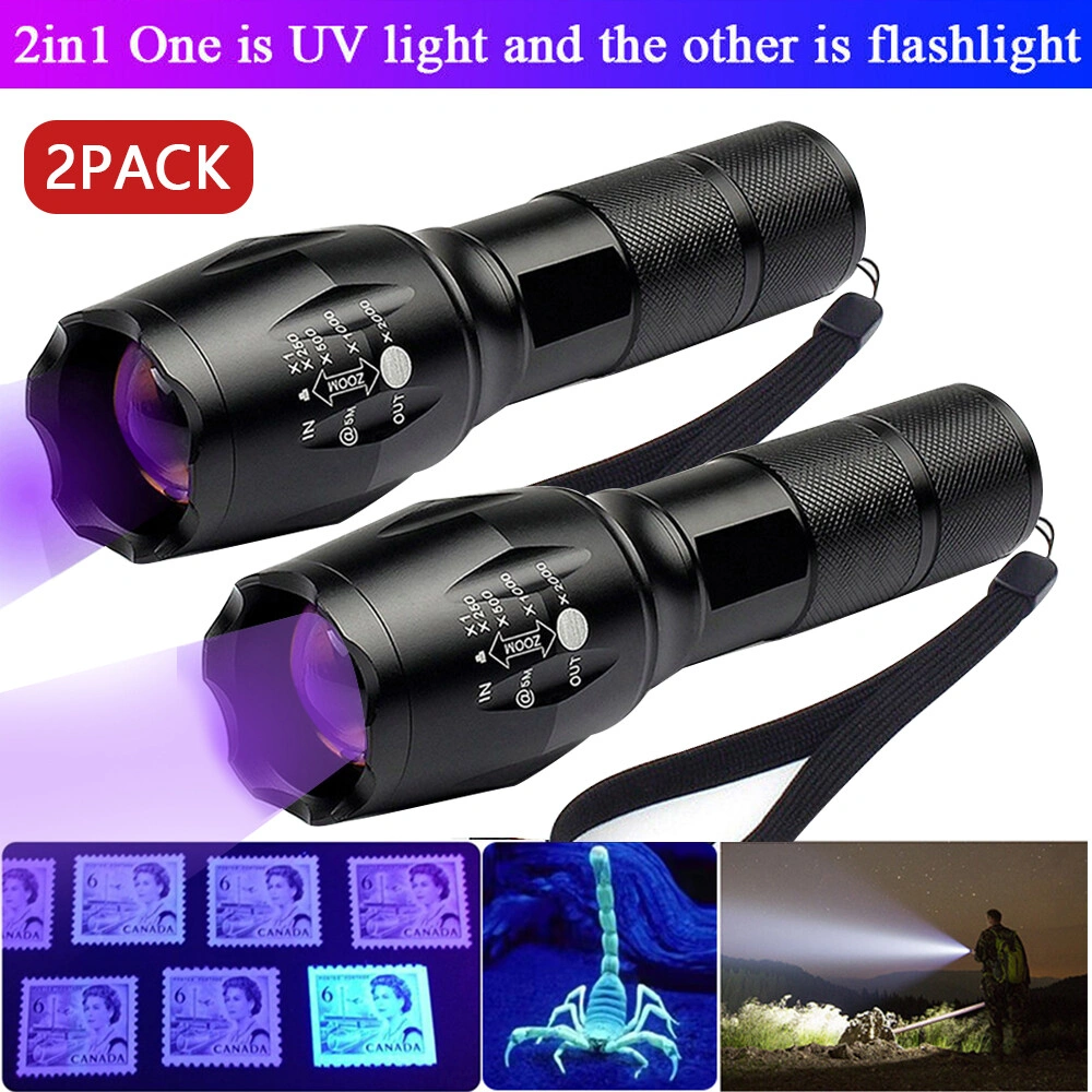 2 Pack 2-in-1 LED Flashlight, UV White Zoomable Detection Lamp for Security & Outdoor Use