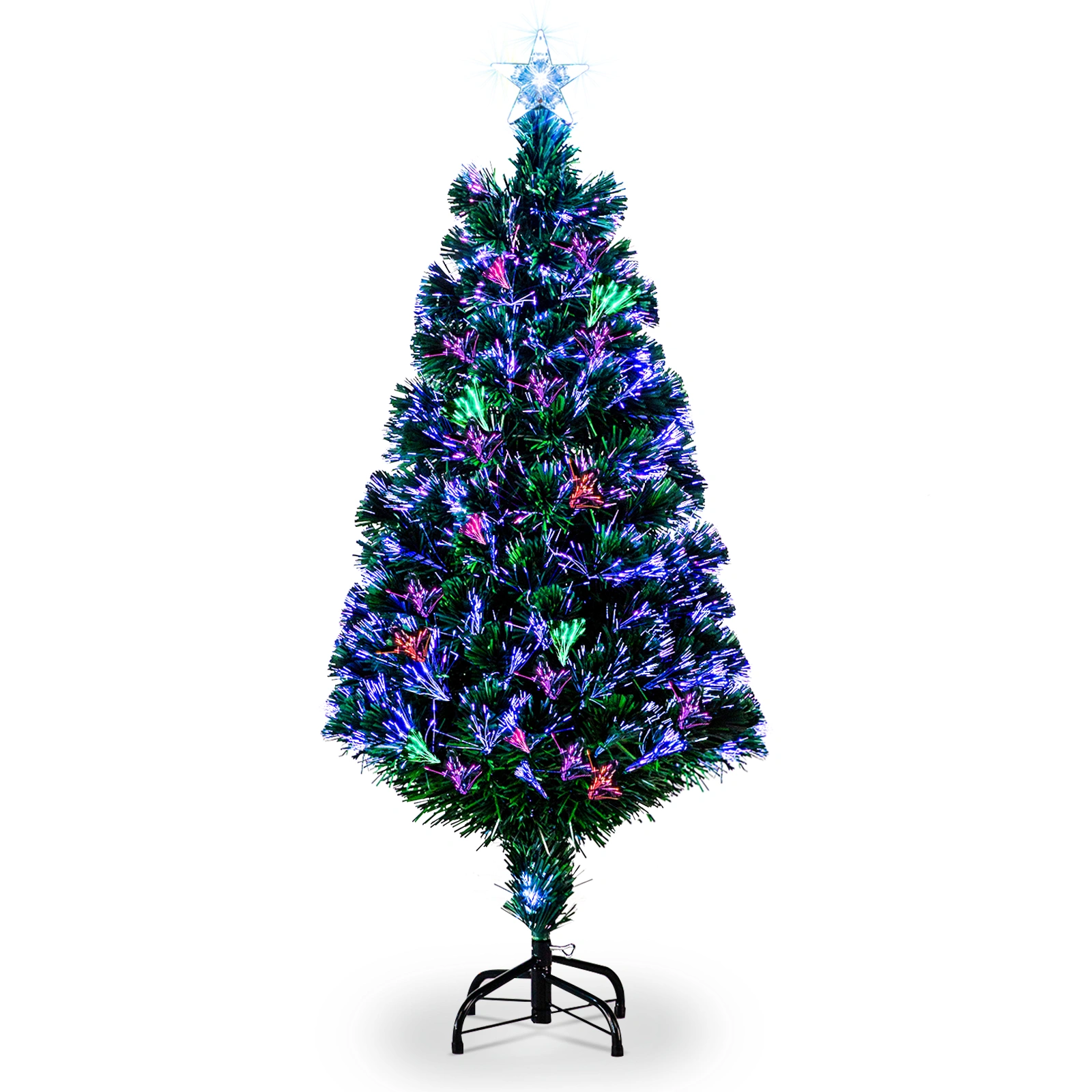 4FT Fiber Optic Christmas Tree with 120 Branches, Green PVC Branches Iron Bracket LED Star Topper for Indoor Outdoor Holiday Decor