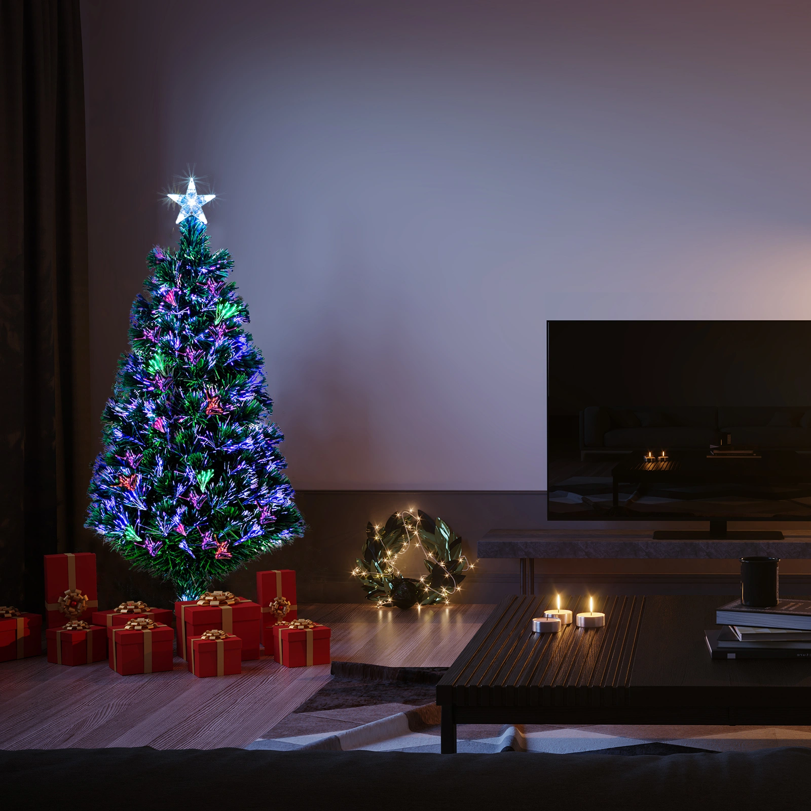 4FT Fiber Optic Christmas Tree with 120 Branches, Green PVC Branches Iron Bracket LED Star Topper for Indoor Outdoor Holiday Decor view 4