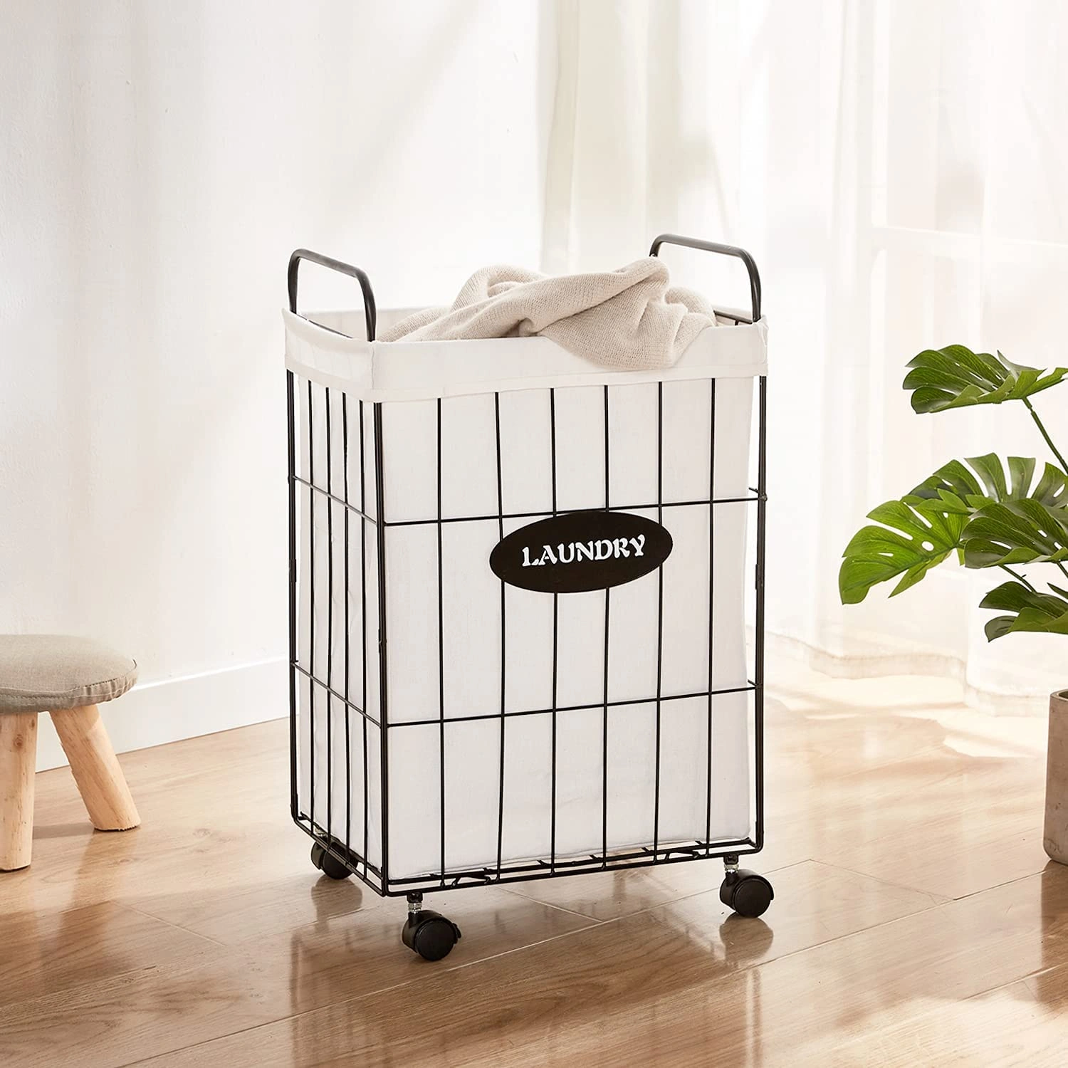 Rolling Laundry Hamper with Lockable Wheels, Folding Collapsible Laundry Basket Cart with Liner and Handles