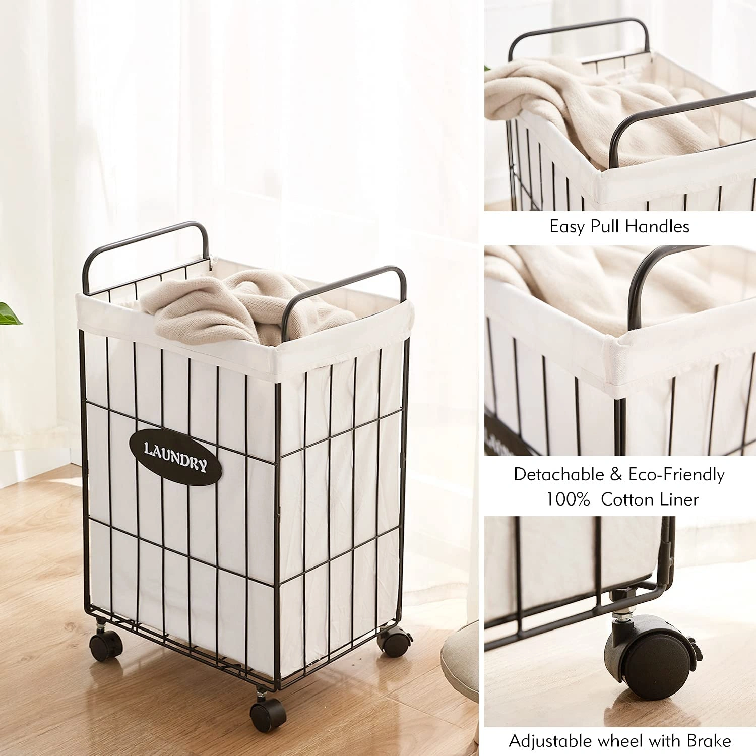 Rolling Laundry Hamper with Lockable Wheels, Folding Collapsible Laundry Basket Cart with Liner and Handles view 3