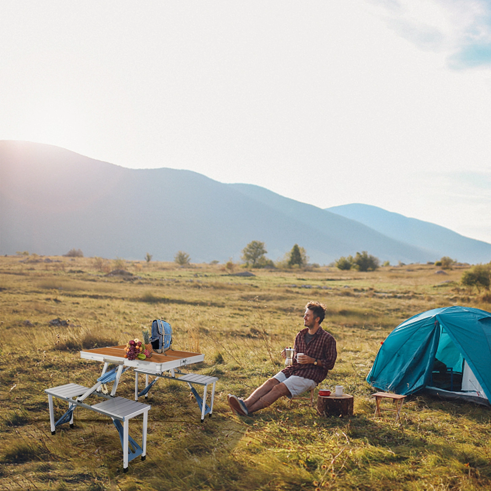 136*85.5*67cm 50kg Aluminum Alloy Table And Chair One Piece Camping One Piece Table And Chair Wood Grain Color view 20