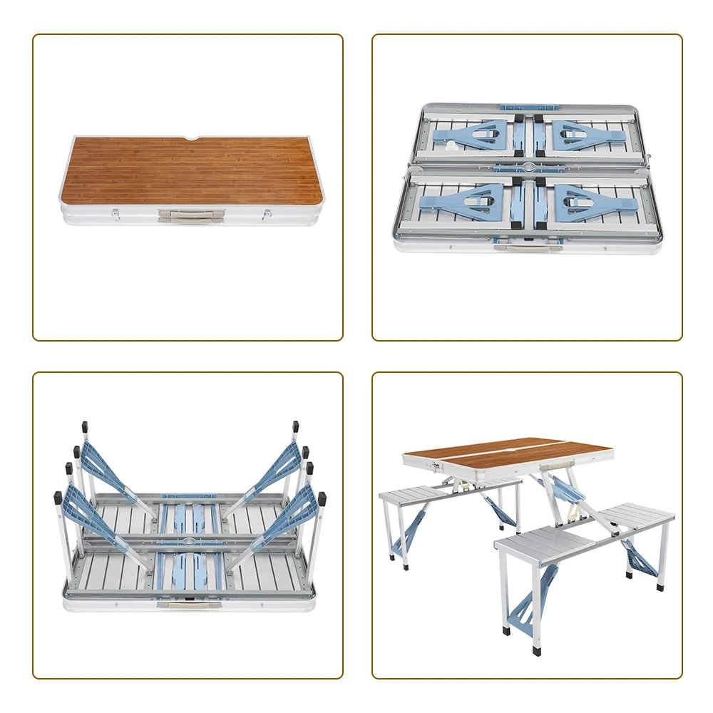 136*85.5*67cm 50kg Aluminum Alloy Table And Chair One Piece Camping One Piece Table And Chair Wood Grain Color view 23
