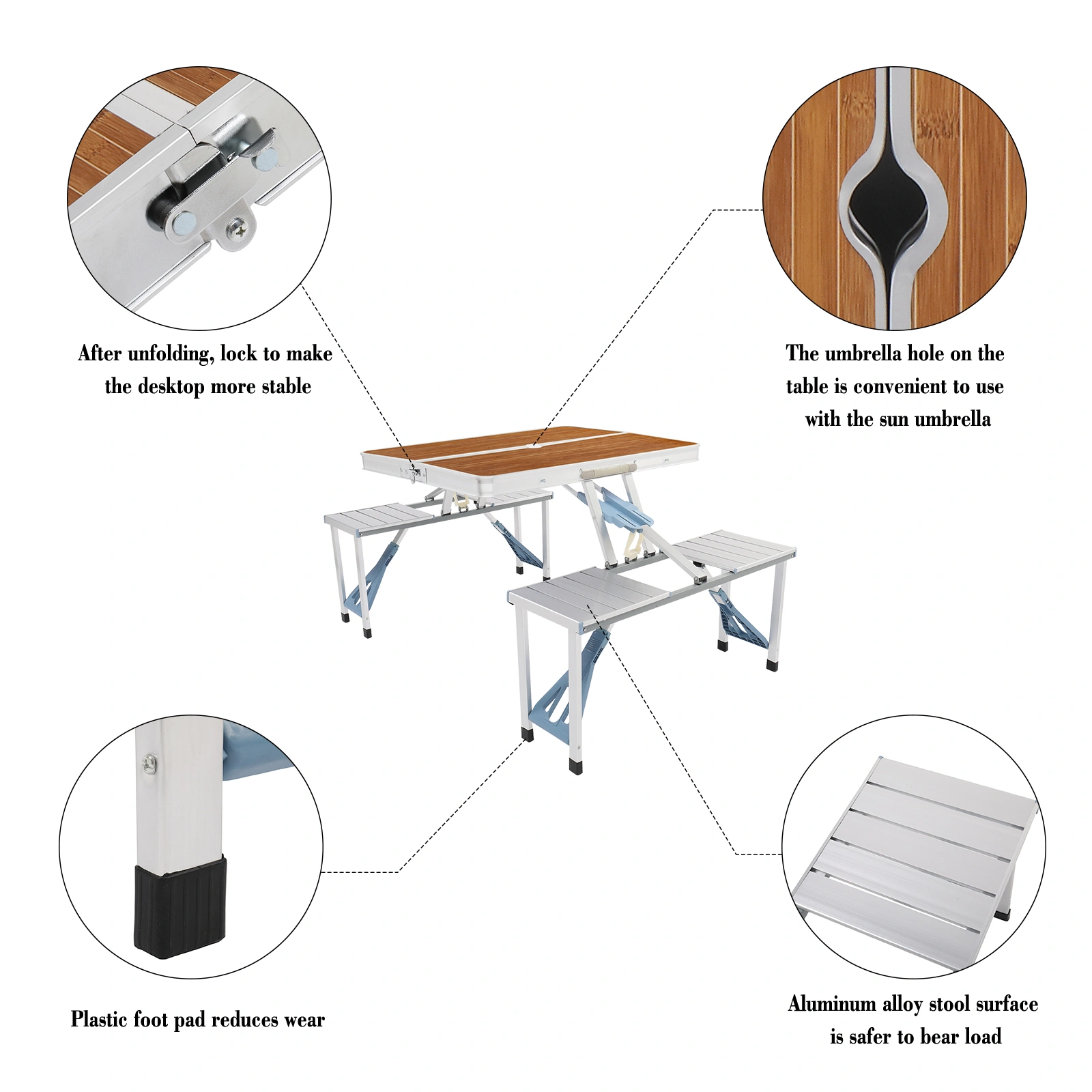 136*85.5*67cm 50kg Aluminum Alloy Table And Chair One Piece Camping One Piece Table And Chair Wood Grain Color view 24