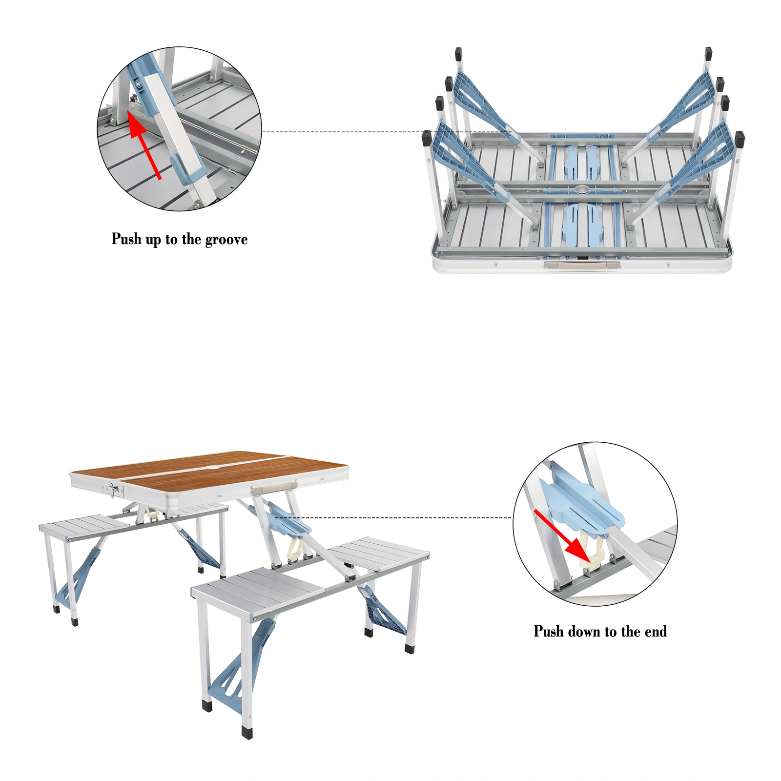 136*85.5*67cm 50kg Aluminum Alloy Table And Chair One Piece Camping One Piece Table And Chair Wood Grain Color view 27